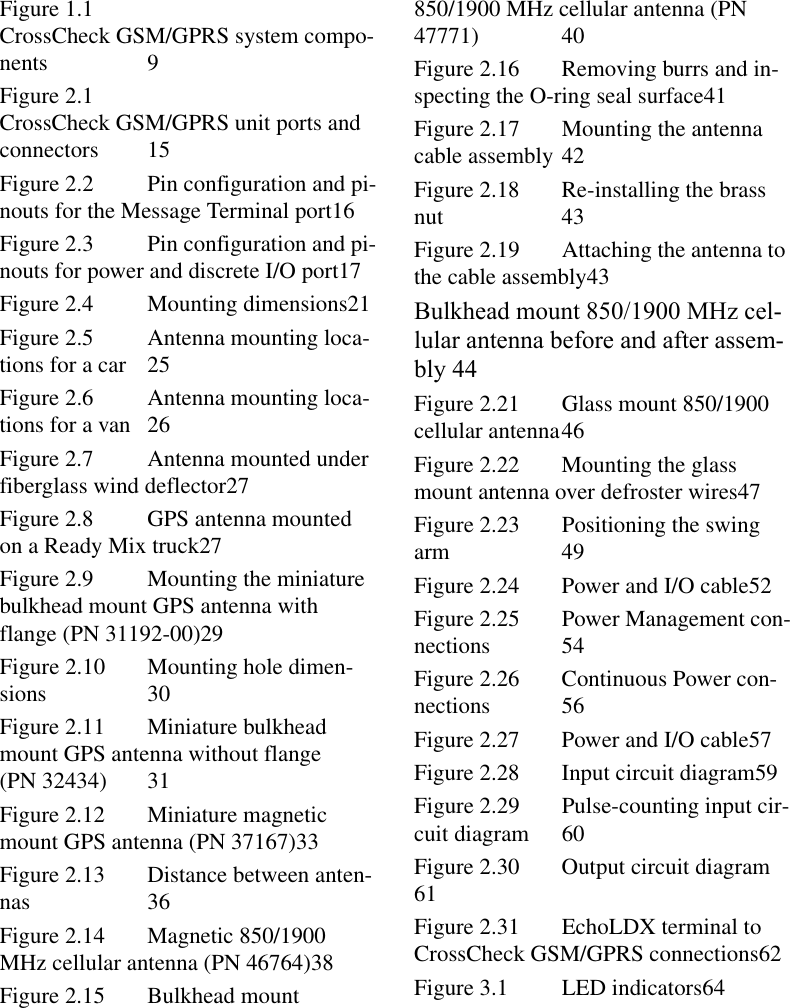 Figure 1.1CrossCheck GSM/GPRS system compo-nents 9Figure 2.1CrossCheck GSM/GPRS unit ports and connectors 15Figure 2.2 Pin configuration and pi-nouts for the Message Terminal port16Figure 2.3 Pin configuration and pi-nouts for power and discrete I/O port17Figure 2.4 Mounting dimensions21Figure 2.5 Antenna mounting loca-tions for a car 25Figure 2.6 Antenna mounting loca-tions for a van 26Figure 2.7 Antenna mounted under fiberglass wind deflector27Figure 2.8 GPS antenna mounted on a Ready Mix truck27Figure 2.9 Mounting the miniature bulkhead mount GPS antenna with flange (PN 31192-00)29Figure 2.10 Mounting hole dimen-sions 30Figure 2.11 Miniature bulkhead mount GPS antenna without flange(PN 32434) 31Figure 2.12 Miniature magnetic mount GPS antenna (PN 37167)33Figure 2.13 Distance between anten-nas 36Figure 2.14 Magnetic 850/1900 MHz cellular antenna (PN 46764)38Figure 2.15 Bulkhead mount 850/1900 MHz cellular antenna (PN 47771) 40Figure 2.16 Removing burrs and in-specting the O-ring seal surface41Figure 2.17 Mounting the antenna cable assembly 42Figure 2.18 Re-installing the brass nut 43Figure 2.19 Attaching the antenna to the cable assembly43Bulkhead mount 850/1900 MHz cel-lular antenna before and after assem-bly 44Figure 2.21 Glass mount 850/1900 cellular antenna46Figure 2.22 Mounting the glass mount antenna over defroster wires47Figure 2.23 Positioning the swing arm 49Figure 2.24 Power and I/O cable52Figure 2.25 Power Management con-nections 54Figure 2.26 Continuous Power con-nections 56Figure 2.27 Power and I/O cable57Figure 2.28 Input circuit diagram59Figure 2.29 Pulse-counting input cir-cuit diagram 60Figure 2.30 Output circuit diagram61Figure 2.31 EchoLDX terminal to CrossCheck GSM/GPRS connections62Figure 3.1 LED indicators64