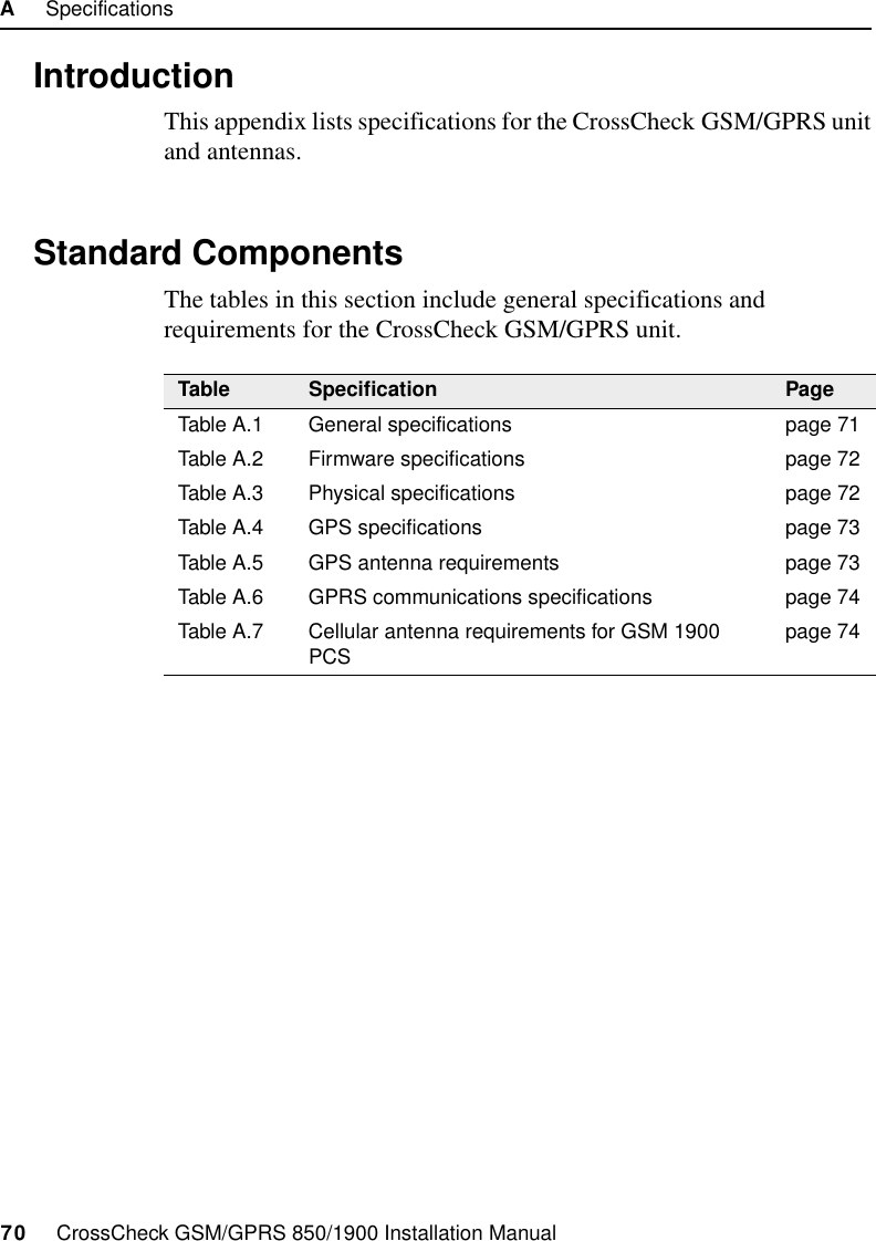 A     Specifications70     CrossCheck GSM/GPRS 850/1900 Installation ManualA.1 IntroductionThis appendix lists specifications for the CrossCheck GSM/GPRS unit and antennas.A.2 Standard ComponentsThe tables in this section include general specifications and requirements for the CrossCheck GSM/GPRS unit.Table Specification PageTable A.1 General specifications page 71Table A.2 Firmware specifications page 72Table A.3 Physical specifications page 72Table A.4 GPS specifications page 73Table A.5 GPS antenna requirements page 73Table A.6 GPRS communications specifications page 74Table A.7 Cellular antenna requirements for GSM 1900 PCS page 74