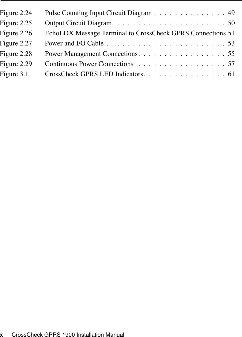 x     CrossCheck GPRS 1900 Installation ManualFigure 2.24 Pulse Counting Input Circuit Diagram .  .  .  .  .  .  .  .  .  .  .  .  .  .  49Figure 2.25 Output Circuit Diagram.  .  .  .  .  .  .  .  .  .  .  .  .  .  .  .  .  .  .  .  .  .  50Figure 2.26 EchoLDX Message Terminal to CrossCheck GPRS Connections 51Figure 2.27 Power and I/O Cable  .  .  .  .  .  .  .  .  .  .  .  .  .  .  .  .  .  .  .  .  .  .  .  53Figure 2.28 Power Management Connections.  .  .  .  .  .  .  .  .  .  .  .  .  .  .  .  .  55Figure 2.29 Continuous Power Connections   .  .  .  .  .  .  .  .  .  .  .  .  .  .  .  .  .  57Figure 3.1 CrossCheck GPRS LED Indicators.  .  .  .  .  .  .  .  .  .  .  .  .  .  .  .  61