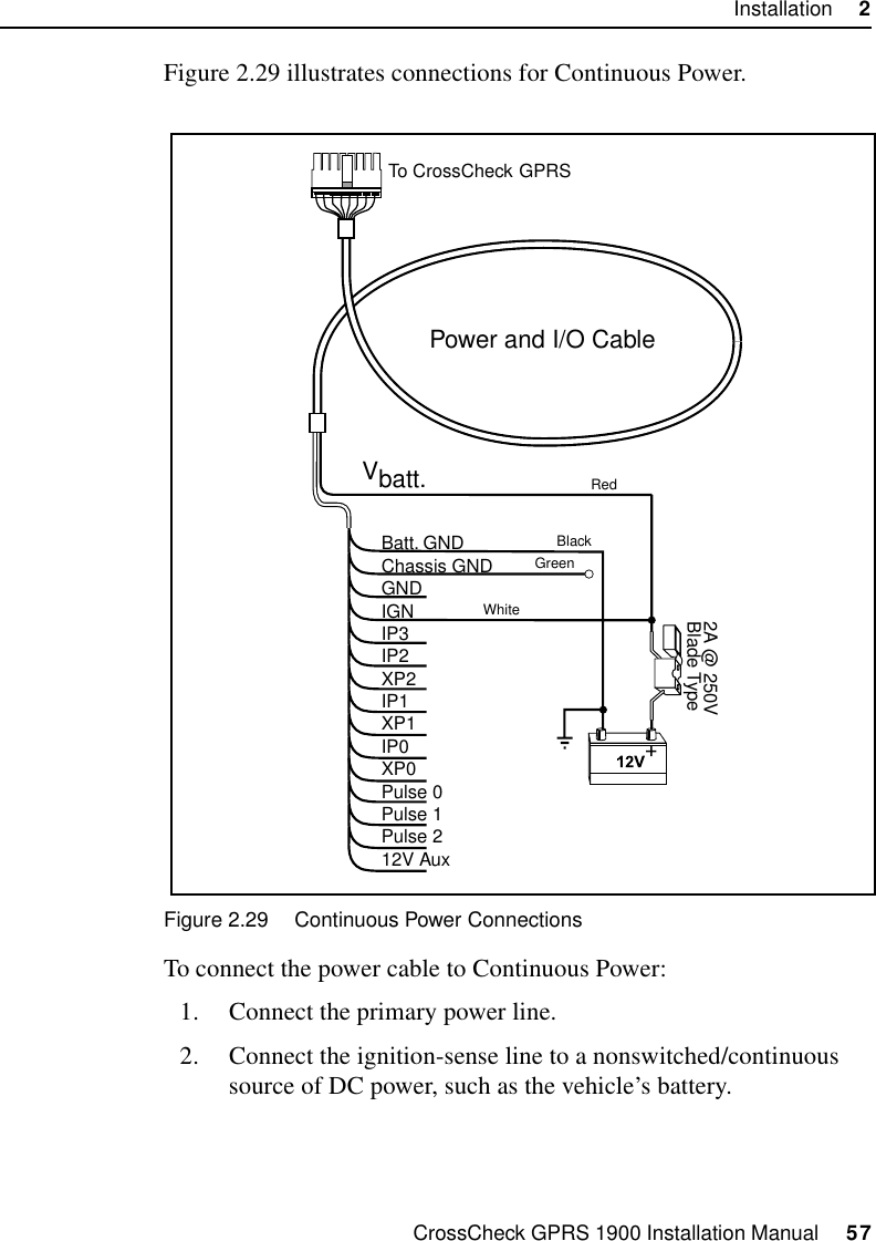 CrossCheck GPRS 1900 Installation Manual     57Installation     2Figure 2.29 illustrates connections for Continuous Power.Figure 2.29 Continuous Power ConnectionsTo connect the power cable to Continuous Power:1. Connect the primary power line.2. Connect the ignition-sense line to a nonswitched/continuous source of DC power, such as the vehicle’s battery. Power and I/O CableVbatt.Batt. GNDChassis GNDGNDIGNIP3IP2XP2IP1XP1IP0XP0Pulse 0Pulse 1Pulse 212V Aux2A @ 250VBlade TypeTo CrossCheckRedBlackGreenWhiteGPRS