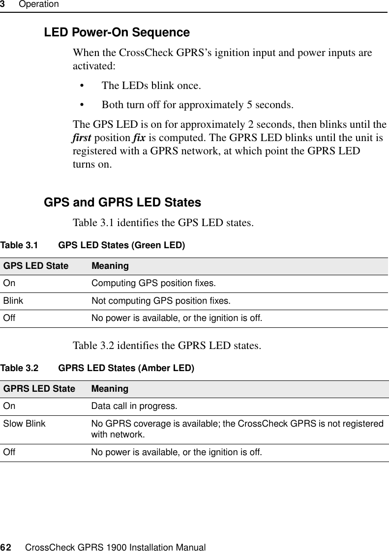 3     Operation62     CrossCheck GPRS 1900 Installation Manual3.2.2 LED Power-On SequenceWhen the CrossCheck GPRS’s ignition input and power inputs are activated:• The LEDs blink once.• Both turn off for approximately 5 seconds.The GPS LED is on for approximately 2 seconds, then blinks until the first position fix is computed. The GPRS LED blinks until the unit is registered with a GPRS network, at which point the GPRS LED turns on. 3.2.3 GPS and GPRS LED StatesTable 3.1 identifies the GPS LED states.Table 3.2 identifies the GPRS LED states.Table 3.1 GPS LED States (Green LED)GPS LED State MeaningOn Computing GPS position fixes.Blink Not computing GPS position fixes.Off No power is available, or the ignition is off.Table 3.2 GPRS LED States (Amber LED)GPRS LED State MeaningOn Data call in progress.Slow Blink No GPRS coverage is available; the CrossCheck GPRS is not registered with network.Off No power is available, or the ignition is off.