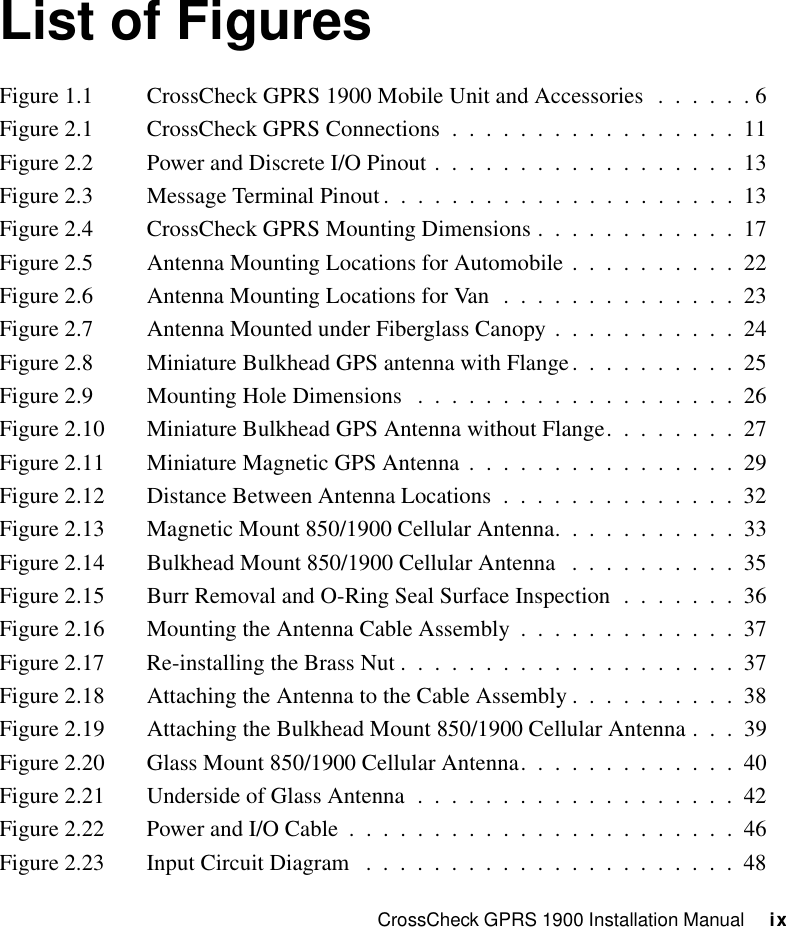 CrossCheck GPRS 1900 Installation Manual     ixList of FiguresFigure 1.1 CrossCheck GPRS 1900 Mobile Unit and Accessories  .  .  .  .  .  . 6Figure 2.1 CrossCheck GPRS Connections  .  .  .  .  .  .  .  .  .  .  .  .  .  .  .  .  .  11Figure 2.2 Power and Discrete I/O Pinout .  .  .  .  .  .  .  .  .  .  .  .  .  .  .  .  .  .  13Figure 2.3 Message Terminal Pinout.  .  .  .  .  .  .  .  .  .  .  .  .  .  .  .  .  .  .  .  .  13Figure 2.4 CrossCheck GPRS Mounting Dimensions .  .  .  .  .  .  .  .  .  .  .  .  17Figure 2.5 Antenna Mounting Locations for Automobile .  .  .  .  .  .  .  .  .  .  22Figure 2.6 Antenna Mounting Locations for Van  .  .  .  .  .  .  .  .  .  .  .  .  .  .  23Figure 2.7 Antenna Mounted under Fiberglass Canopy .  .  .  .  .  .  .  .  .  .  .  24Figure 2.8 Miniature Bulkhead GPS antenna with Flange.  .  .  .  .  .  .  .  .  .  25Figure 2.9 Mounting Hole Dimensions   .  .  .  .  .  .  .  .  .  .  .  .  .  .  .  .  .  .  .  26Figure 2.10 Miniature Bulkhead GPS Antenna without Flange.  .  .  .  .  .  .  .  27Figure 2.11 Miniature Magnetic GPS Antenna .  .  .  .  .  .  .  .  .  .  .  .  .  .  .  .  29Figure 2.12 Distance Between Antenna Locations  .  .  .  .  .  .  .  .  .  .  .  .  .  .  32Figure 2.13 Magnetic Mount 850/1900 Cellular Antenna.  .  .  .  .  .  .  .  .  .  .  33Figure 2.14 Bulkhead Mount 850/1900 Cellular Antenna   .  .  .  .  .  .  .  .  .  .  35Figure 2.15 Burr Removal and O-Ring Seal Surface Inspection  .  .  .  .  .  .  .  36Figure 2.16 Mounting the Antenna Cable Assembly  .  .  .  .  .  .  .  .  .  .  .  .  .  37Figure 2.17 Re-installing the Brass Nut .  .  .  .  .  .  .  .  .  .  .  .  .  .  .  .  .  .  .  .  37Figure 2.18 Attaching the Antenna to the Cable Assembly .  .  .  .  .  .  .  .  .  .  38Figure 2.19 Attaching the Bulkhead Mount 850/1900 Cellular Antenna .  .  .  39Figure 2.20 Glass Mount 850/1900 Cellular Antenna.  .  .  .  .  .  .  .  .  .  .  .  .  40Figure 2.21 Underside of Glass Antenna  .  .  .  .  .  .  .  .  .  .  .  .  .  .  .  .  .  .  .  42Figure 2.22 Power and I/O Cable  .  .  .  .  .  .  .  .  .  .  .  .  .  .  .  .  .  .  .  .  .  .  .  46Figure 2.23 Input Circuit Diagram   .  .  .  .  .  .  .  .  .  .  .  .  .  .  .  .  .  .  .  .  .  .  48