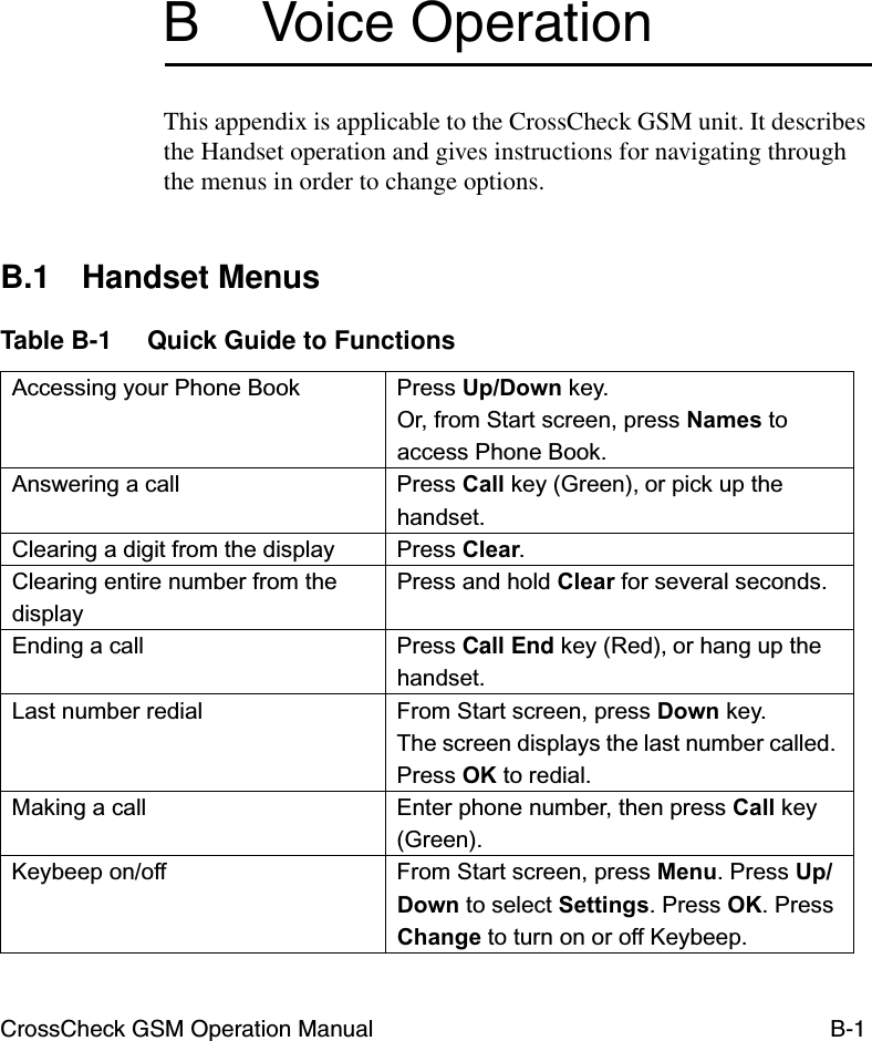 CrossCheck GSM Operation Manual B-1B Voice OperationThis appendix is applicable to the CrossCheck GSM unit. It describes the Handset operation and gives instructions for navigating through the menus in order to change options.B.1 Handset MenusTable B-1 Quick Guide to FunctionsAccessing your Phone Book Press Up/Down key. Or, from Start screen, press Names to access Phone Book.Answering a call Press Call key (Green), or pick up the handset. Clearing a digit from the display Press Clear.Clearing entire number from the displayPress and hold Clear for several seconds.Ending a call Press Call End key (Red), or hang up the handset.Last number redial From Start screen, press Down key. The screen displays the last number called. Press OK to redial.Making a call Enter phone number, then press Call key (Green).Keybeep on/off From Start screen, press Menu. Press Up/Down to select Settings. Press OK. Press Change to turn on or off Keybeep.