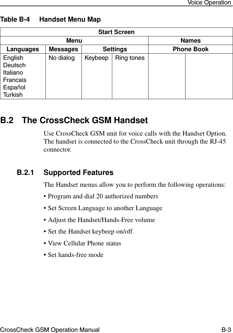 CrossCheck GSM Operation Manual B-3 Voice OperationTable B-4 Handset Menu MapB.2 The CrossCheck GSM HandsetUse CrossCheck GSM unit for voice calls with the Handset Option. The handset is connected to the CrossCheck unit through the RJ-45 connector. B.2.1 Supported FeaturesThe Handset menus allow you to perform the following operations:• Program and dial 20 authorized numbers• Set Screen Language to another Language• Adjust the Handset/Hands-Free volume• Set the Handset keybeep on/off• View Cellular Phone status• Set hands-free mode Start ScreenMenu NamesLanguages Messages Settings Phone BookEnglish                                                                                              Deutsch                                                                                      Italiano                                                                                   Francais                                                                              Españo l                                                                                  TurkishNo dialog Keybeep Ring tones