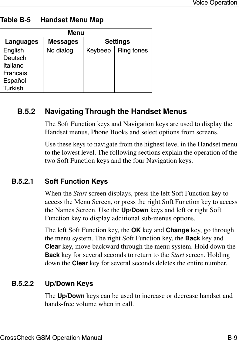 CrossCheck GSM Operation Manual B-9 Voice OperationTable B-5 Handset Menu MapB.5.2 Navigating Through the Handset MenusThe Soft Function keys and Navigation keys are used to display the Handset menus, Phone Books and select options from screens.Use these keys to navigate from the highest level in the Handset menu to the lowest level. The following sections explain the operation of the two Soft Function keys and the four Navigation keys.B.5.2.1 Soft Function KeysWhen the Start screen displays, press the left Soft Function key to access the Menu Screen, or press the right Soft Function key to access the Names Screen. Use the Up/Down keys and left or right Soft Function key to display additional sub-menus options. The left Soft Function key, the OK key and Change key, go through the menu system. The right Soft Function key, the Back key and Clear key, move backward through the menu system. Hold down the Back key for several seconds to return to the Start screen. Holding down the Clear key for several seconds deletes the entire number.B.5.2.2 Up/Down KeysThe Up/Down keys can be used to increase or decrease handset and hands-free volume when in call.MenuLanguages Messages SettingsEnglish                                                                                              Deutsch                                                                                      Italiano                                                                                   Francais                                                                              Español                                                                                 TurkishNo dialog Keybeep Ring tones