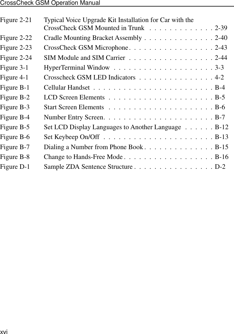  xviCrossCheck GSM Operation Manual Figure 2-21 Typical Voice Upgrade Kit Installation for Car with the CrossCheck GSM Mounted in Trunk   .  .  .  .  .  .  .  .  .  .  .  .  . 2-39Figure 2-22 Cradle Mounting Bracket Assembly .  .  .  .  .  .  .  .  .  .  .  .  .  . 2-40Figure 2-23 CrossCheck GSM Microphone.  .  .  .  .  .  .  .  .  .  .  .  .  .  .  .  . 2-43Figure 2-24 SIM Module and SIM Carrier  .  .  .  .  .  .  .  .  .  .  .  .  .  .  .  .  . 2-44Figure 3-1 HyperTerminal Window  .  .  .  .  .  .  .  .  .  .  .  .  .  .  .  .  .  .  .  . 3-3Figure 4-1 Crosscheck GSM LED Indicators  .  .  .  .  .  .  .  .  .  .  .  .  .  .  . 4-2Figure B-1 Cellular Handset  .  .  .  .  .  .  .  .  .  .  .  .  .  .  .  .  .  .  .  .  .  .  .  . B-4Figure B-2 LCD Screen Elements  .  .  .  .  .  .  .  .  .  .  .  .  .  .  .  .  .  .  .  .  . B-5Figure B-3 Start Screen Elements   .  .  .  .  .  .  .  .  .  .  .  .  .  .  .  .  .  .  .  .  . B-6Figure B-4 Number Entry Screen.  .  .  .  .  .  .  .  .  .  .  .  .  .  .  .  .  .  .  .  .  . B-7Figure B-5 Set LCD Display Languages to Another Language  .  .  .  .  .  . B-12Figure B-6 Set Keybeep On/Off  .  .  .  .  .  .  .  .  .  .  .  .  .  .  .  .  .  .  .  .  .  . B-13Figure B-7 Dialing a Number from Phone Book .  .  .  .  .  .  .  .  .  .  .  .  .  . B-15Figure B-8 Change to Hands-Free Mode .  .  .  .  .  .  .  .  .  .  .  .  .  .  .  .  .  . B-16Figure D-1 Sample ZDA Sentence Structure .  .  .  .  .  .  .  .  .  .  .  .  .  .  .  . D-2