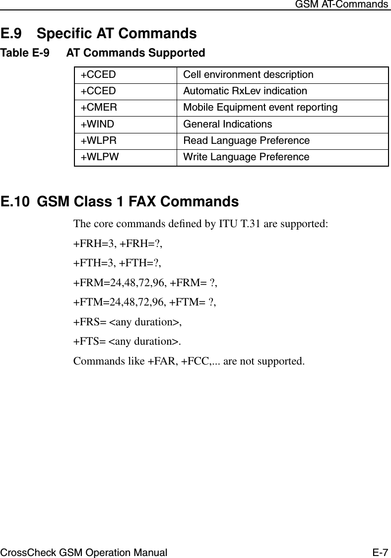 CrossCheck GSM Operation Manual E-7 GSM AT-CommandsE.9 Speciﬁc AT CommandsE.10 GSM Class 1 FAX CommandsThe core commands deﬁned by ITU T.31 are supported:+FRH=3, +FRH=?,+FTH=3, +FTH=?,+FRM=24,48,72,96, +FRM= ?,+FTM=24,48,72,96, +FTM= ?,+FRS= &lt;any duration&gt;,+FTS= &lt;any duration&gt;.Commands like +FAR, +FCC,... are not supported.Table E-9 AT Commands Supported+CCED Cell environment description +CCED Automatic RxLev indication+CMER Mobile Equipment event reporting+WIND General Indications+WLPR Read Language Preference+WLPW Write Language Preference