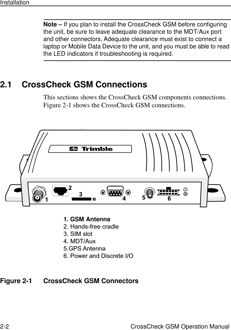 2-2 CrossCheck GSM Operation ManualInstallationNote – If you plan to install the CrossCheck GSM before conﬁguring the unit, be sure to leave adequate clearance to the MDT/Aux port and other connectors. Adequate clearance must exist to connect a laptop or Mobile Data Device to the unit, and you must be able to read the LED indicators if troubleshooting is required. 2.1 CrossCheck GSM ConnectionsThis sections shows the CrossCheck GSM components connections. Figure 2-1 shows the CrossCheck GSM connections.Figure 2-1 CrossCheck GSM Connectors1234561. GSM Antenna2. Hands-free cradle3. SIM slot4. MDT/Aux5.GPS Antenna6. Power and Discrete I/O
