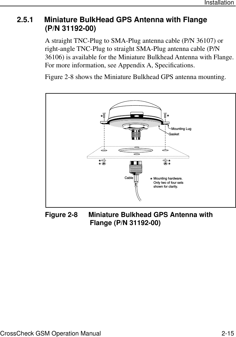 CrossCheck GSM Operation Manual 2-15 Installation2.5.1 Miniature BulkHead GPS Antenna with Flange(P/N 31192-00)A straight TNC-Plug to SMA-Plug antenna cable (P/N 36107) or right-angle TNC-Plug to straight SMA-Plug antenna cable (P/N 36106) is available for the Miniature Bulkhead Antenna with Flange. For more information, see Appendix A, Speciﬁcations. Figure 2-8 shows the Miniature Bulkhead GPS antenna mounting.Figure 2-8 Miniature Bulkhead GPS Antenna with Flange (P/N 31192-00)Mounting hardware. Only two of four sets shown for clarity.GasketCableMounting Lug