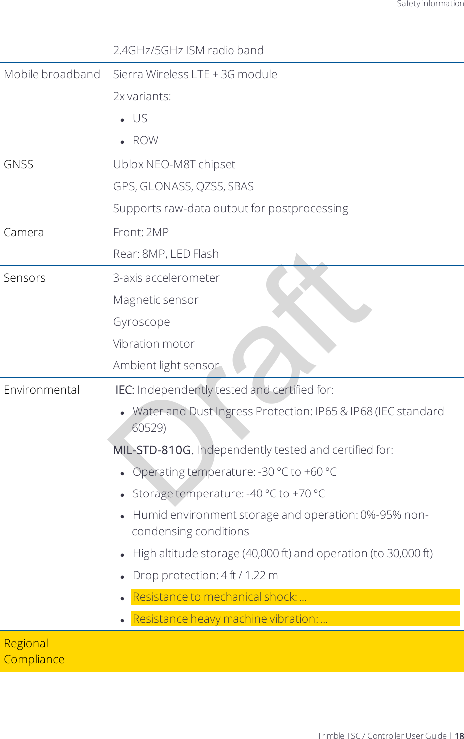 DraftSafety information2.4GHz/5GHz ISM radio bandMobile broadband Sierra Wireless LTE + 3G module2x variants: lUSlROWGNSS  Ublox NEO-M8T chipsetGPS, GLONASS, QZSS, SBASSupports raw-data output for postprocessingCamera Front: 2MPRear: 8MP, LED FlashSensors 3-axis accelerometerMagnetic sensorGyroscopeVibration motorAmbient light sensorEnvironmental  IEC: Independently tested and certified for:lWater and Dust Ingress Protection: IP65 &amp; IP68 (IEC standard 60529)MIL-STD-810G. Independently tested and certified for:lOperating temperature: -30 °C to +60 °ClStorage temperature: -40 °C to +70 °ClHumid environment storage and operation: 0%-95% non-condensing conditionslHigh altitude storage (40,000 ft)  and operation (to 30,000 ft)lDrop protection: 4 ft / 1.22 mlResistance to mechanical shock: ...lResistance heavy machine vibration: ...Regional ComplianceTrimble TSC7 Controller User Guide | 18