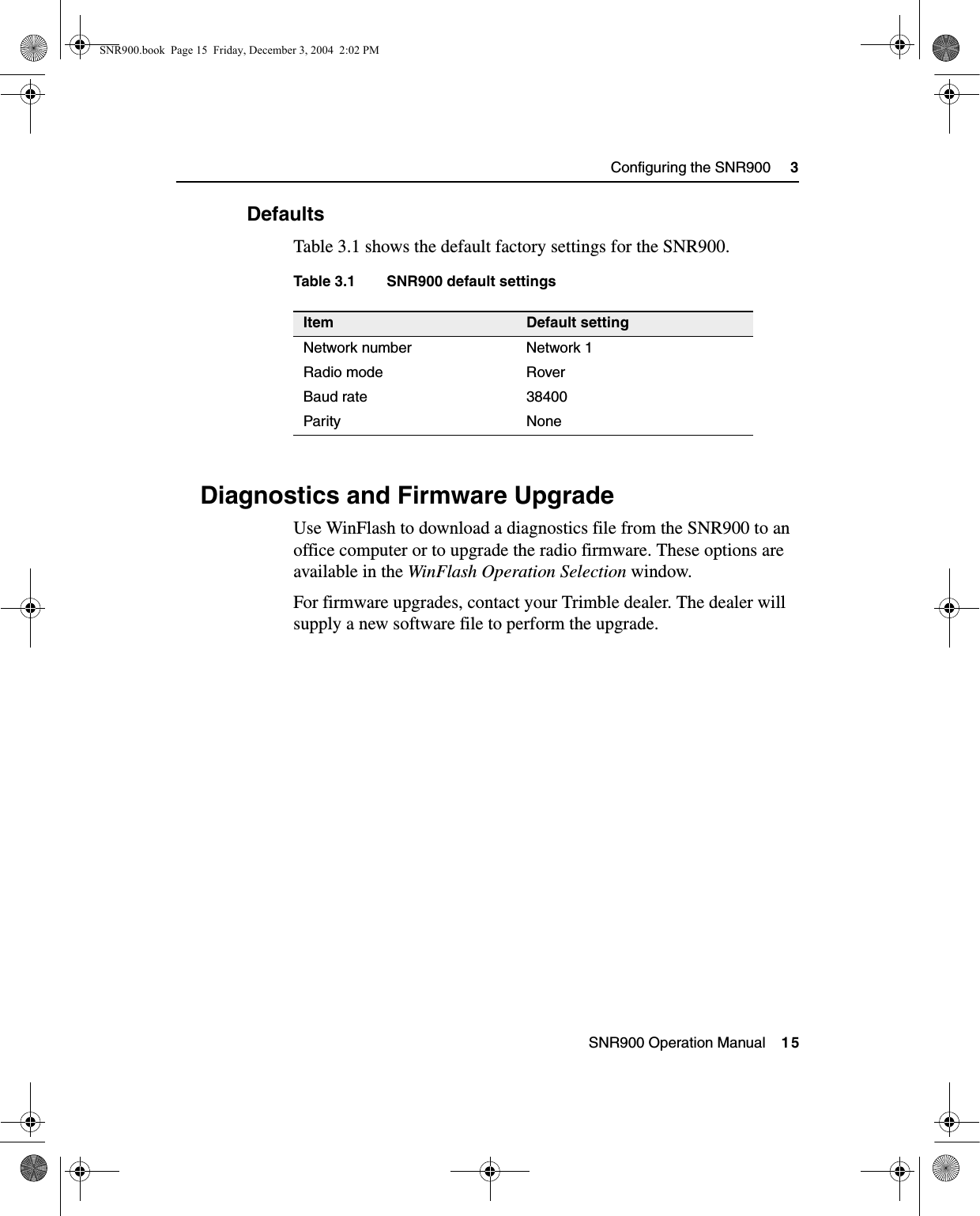  SNR900 Operation Manual    15Configuring the SNR900     33.3.6 DefaultsTable 3.1 shows the default factory settings for the SNR900.Table 3.1 SNR900 default settings 3.4 Diagnostics and Firmware UpgradeUse WinFlash to download a diagnostics file from the SNR900 to an office computer or to upgrade the radio firmware. These options are available in the WinFlash Operation Selection window. For firmware upgrades, contact your Trimble dealer. The dealer will supply a new software file to perform the upgrade. Item Default settingNetwork number Network 1Radio mode RoverBaud rate 38400Parity NoneSNR900.book  Page 15  Friday, December 3, 2004  2:02 PM