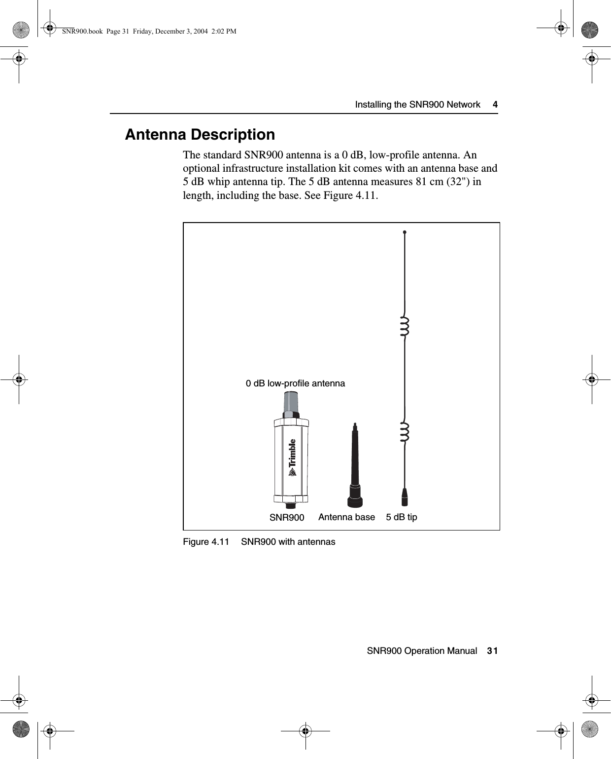  SNR900 Operation Manual    31Installing the SNR900 Network     44.5 Antenna DescriptionThe standard SNR900 antenna is a 0 dB, low-profile antenna. An optional infrastructure installation kit comes with an antenna base and 5 dB whip antenna tip. The 5 dB antenna measures 81 cm (32&quot;) in length, including the base. See Figure 4.11. Figure 4.11 SNR900 with antennasSNR900 Antenna base 5 dB tip0 dB low-profile antenna SNR900.book  Page 31  Friday, December 3, 2004  2:02 PM