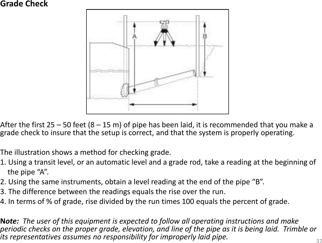 Grade Check             After the first 25 – 50 feet (8 – 15 m) of pipe has been laid, it is recommended that you make a grade check to insure that the setup is correct, and that the system is properly operating.  The illustration shows a method for checking grade. 1. Using a transit level, or an automatic level and a grade rod, take a reading at the beginning of      the pipe “A”. 2. Using the same instruments, obtain a level reading at the end of the pipe “B”. 3. The difference between the readings equals the rise over the run.  4. In terms of % of grade, rise divided by the run times 100 equals the percent of grade.  Note:  The user of this equipment is expected to follow all operating instructions and make periodic checks on the proper grade, elevation, and line of the pipe as it is being laid.  Trimble or its representatives assumes no responsibility for improperly laid pipe.  37 