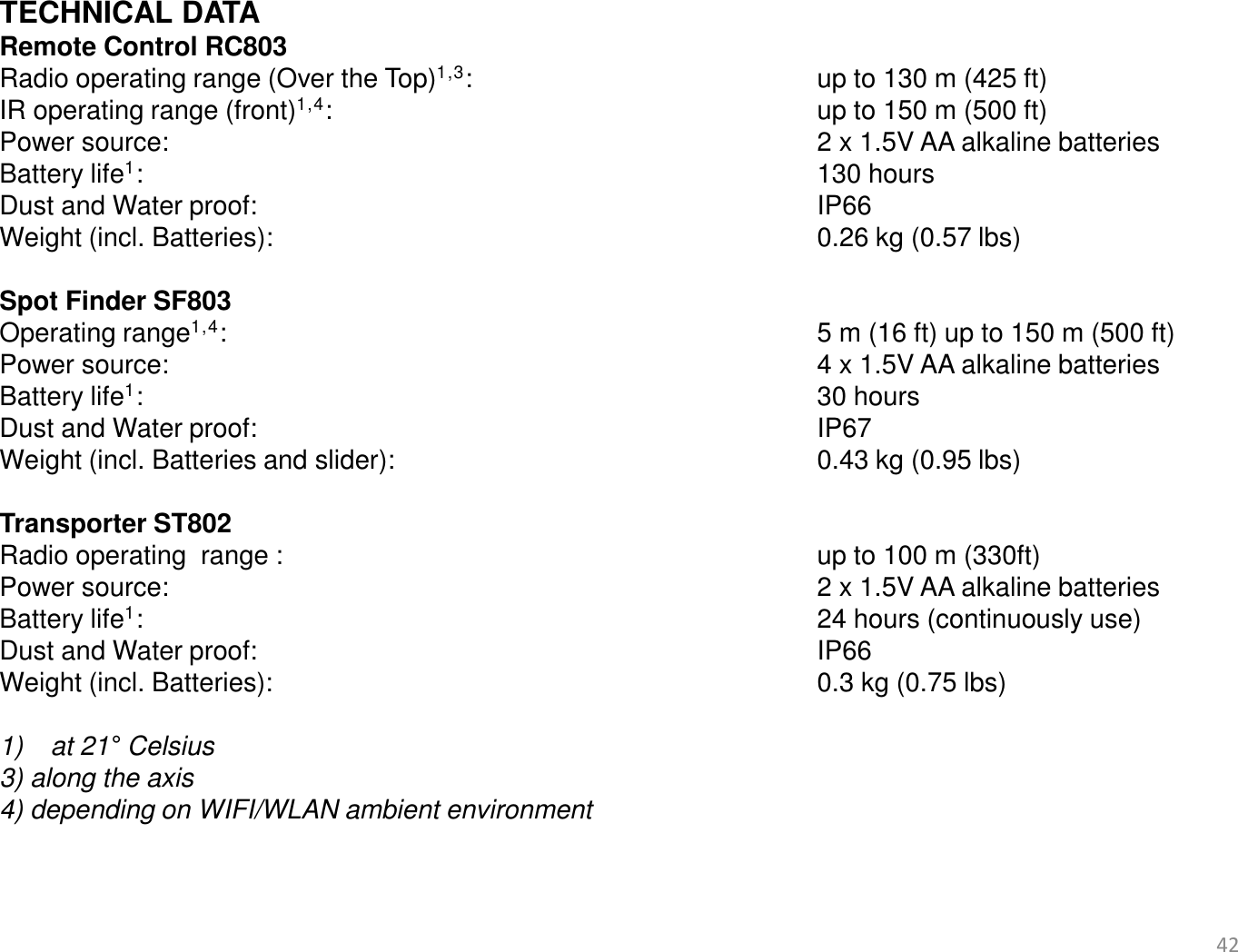 42    TECHNICAL DATA Remote Control RC803 Radio operating range (Over the Top)1,3:       up to 130 m (425 ft)  IR operating range (front)1,4:         up to 150 m (500 ft) Power source:           2 x 1.5V AA alkaline batteries Battery life1:           130 hours Dust and Water proof:          IP66 Weight (incl. Batteries):        0.26 kg (0.57 lbs)  Spot Finder SF803 Operating range1,4:           5 m (16 ft) up to 150 m (500 ft)  Power source:           4 x 1.5V AA alkaline batteries Battery life1:           30 hours Dust and Water proof:          IP67 Weight (incl. Batteries and slider):        0.43 kg (0.95 lbs)  Transporter ST802 Radio operating  range :         up to 100 m (330ft)  Power source:           2 x 1.5V AA alkaline batteries Battery life1:           24 hours (continuously use) Dust and Water proof:          IP66 Weight (incl. Batteries):        0.3 kg (0.75 lbs)  1) at 21° Celsius 3) along the axis  4) depending on WIFI/WLAN ambient environment  