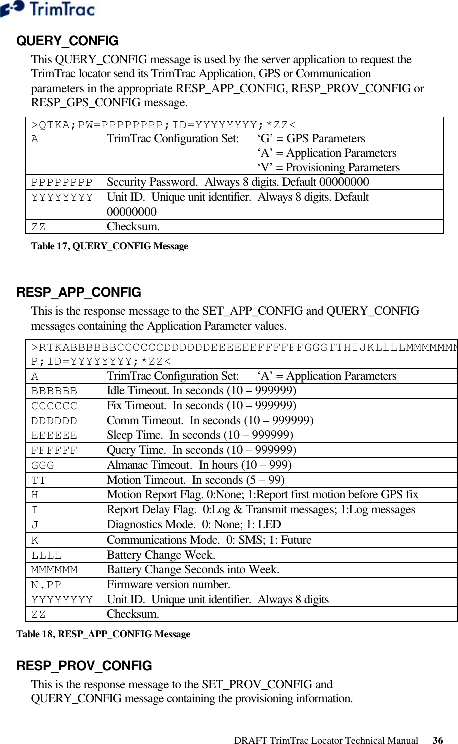  DRAFT TrimTrac Locator Technical Manual      36 QUERY_CONFIG This QUERY_CONFIG message is used by the server application to request the TrimTrac locator send its TrimTrac Application, GPS or Communication parameters in the appropriate RESP_APP_CONFIG, RESP_PROV_CONFIG or RESP_GPS_CONFIG message. &gt;QTKA;PW=PPPPPPPP;ID=YYYYYYYY;*ZZ&lt; A TrimTrac Configuration Set: ‘G’ = GPS Parameters     ‘A’ = Application Parameters     ‘V’ = Provisioning Parameters PPPPPPPP Security Password.  Always 8 digits. Default 00000000 YYYYYYYY Unit ID.  Unique unit identifier.  Always 8 digits. Default 00000000 ZZ Checksum.   Table 17, QUERY_CONFIG Message  RESP_APP_CONFIG This is the response message to the SET_APP_CONFIG and QUERY_CONFIG messages containing the Application Parameter values. &gt;RTKABBBBBBCCCCCCDDDDDDEEEEEEFFFFFFGGGTTHIJKLLLLMMMMMMNPP;ID=YYYYYYYY;*ZZ&lt; A TrimTrac Configuration Set: ‘A’ = Application Parameters BBBBBB Idle Timeout. In seconds (10 – 999999)  CCCCCC Fix Timeout.  In seconds (10 – 999999) DDDDDD Comm Timeout.  In seconds (10 – 999999) EEEEEE Sleep Time.  In seconds (10 – 999999) FFFFFF Query Time.  In seconds (10 – 999999) GGG Almanac Timeout.  In hours (10 – 999) TT Motion Timeout.  In seconds (5 – 99) H Motion Report Flag. 0:None; 1:Report first motion before GPS fix I Report Delay Flag.  0:Log &amp; Transmit messages; 1:Log messages J Diagnostics Mode.  0: None; 1: LED K Communications Mode.  0: SMS; 1: Future LLLL Battery Change Week. MMMMMM Battery Change Seconds into Week. N.PP Firmware version number. YYYYYYYY Unit ID.  Unique unit identifier.  Always 8 digits ZZ Checksum. Table 18, RESP_APP_CONFIG Message RESP_PROV_CONFIG  This is the response message to the SET_PROV_CONFIG and QUERY_CONFIG message containing the provisioning information. 