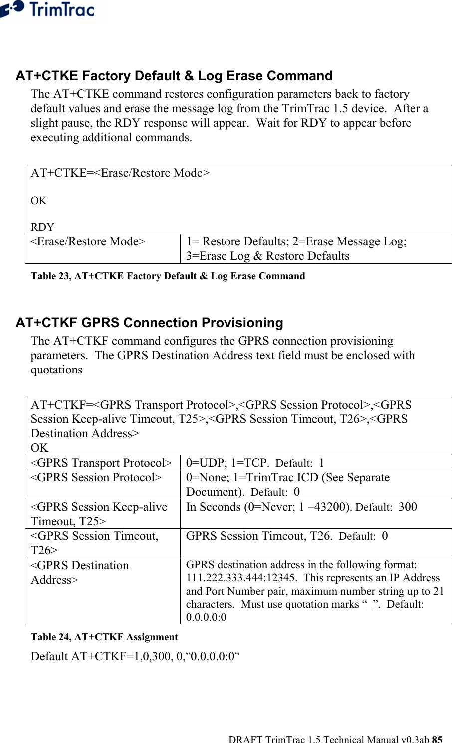  DRAFT TrimTrac 1.5 Technical Manual v0.3ab 85  AT+CTKE Factory Default &amp; Log Erase Command  The AT+CTKE command restores configuration parameters back to factory default values and erase the message log from the TrimTrac 1.5 device.  After a slight pause, the RDY response will appear.  Wait for RDY to appear before executing additional commands.  AT+CTKE=&lt;Erase/Restore Mode&gt;  OK  RDY &lt;Erase/Restore Mode&gt;  1= Restore Defaults; 2=Erase Message Log; 3=Erase Log &amp; Restore Defaults Table 23, AT+CTKE Factory Default &amp; Log Erase Command  AT+CTKF GPRS Connection Provisioning  The AT+CTKF command configures the GPRS connection provisioning parameters.  The GPRS Destination Address text field must be enclosed with quotations   AT+CTKF=&lt;GPRS Transport Protocol&gt;,&lt;GPRS Session Protocol&gt;,&lt;GPRS Session Keep-alive Timeout, T25&gt;,&lt;GPRS Session Timeout, T26&gt;,&lt;GPRS Destination Address&gt; OK &lt;GPRS Transport Protocol&gt;  0=UDP; 1=TCP.  Default:  1 &lt;GPRS Session Protocol&gt;  0=None; 1=TrimTrac ICD (See Separate Document).  Default:  0 &lt;GPRS Session Keep-alive Timeout, T25&gt; In Seconds (0=Never; 1 –43200). Default:  300 &lt;GPRS Session Timeout, T26&gt; GPRS Session Timeout, T26.  Default:  0 &lt;GPRS Destination Address&gt; GPRS destination address in the following format: 111.222.333.444:12345.  This represents an IP Address and Port Number pair, maximum number string up to 21 characters.  Must use quotation marks “_”.  Default:  0.0.0.0:0 Table 24, AT+CTKF Assignment Default AT+CTKF=1,0,300, 0,”0.0.0.0:0” 