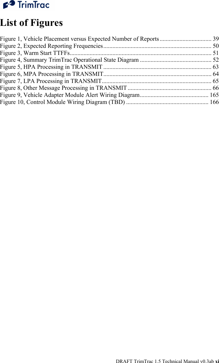  DRAFT TrimTrac 1.5 Technical Manual v0.3ab xi List of Figures  Figure 1, Vehicle Placement versus Expected Number of Reports .................................. 39 Figure 2, Expected Reporting Frequencies....................................................................... 50 Figure 3, Warm Start TTFFs............................................................................................. 51 Figure 4, Summary TrimTrac Operational State Diagram ............................................... 52 Figure 5, HPA Processing in TRANSMIT ....................................................................... 63 Figure 6, MPA Processing in TRANSMIT....................................................................... 64 Figure 7, LPA Processing in TRANSMIT........................................................................ 65 Figure 8, Other Message Processing in TRANSMIT ....................................................... 66 Figure 9, Vehicle Adapter Module Alert Wiring Diagram............................................. 165 Figure 10, Control Module Wiring Diagram (TBD) ...................................................... 166  