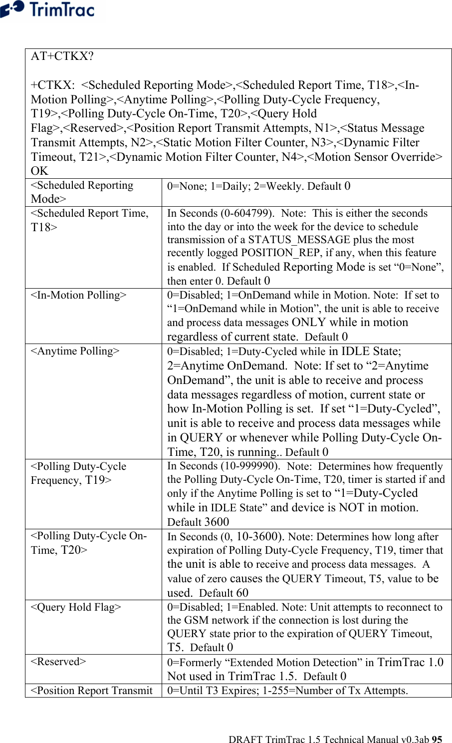  DRAFT TrimTrac 1.5 Technical Manual v0.3ab 95  AT+CTKX?  +CTKX:  &lt;Scheduled Reporting Mode&gt;,&lt;Scheduled Report Time, T18&gt;,&lt;In-Motion Polling&gt;,&lt;Anytime Polling&gt;,&lt;Polling Duty-Cycle Frequency, T19&gt;,&lt;Polling Duty-Cycle On-Time, T20&gt;,&lt;Query Hold Flag&gt;,&lt;Reserved&gt;,&lt;Position Report Transmit Attempts, N1&gt;,&lt;Status Message Transmit Attempts, N2&gt;,&lt;Static Motion Filter Counter, N3&gt;,&lt;Dynamic Filter Timeout, T21&gt;,&lt;Dynamic Motion Filter Counter, N4&gt;,&lt;Motion Sensor Override&gt; OK &lt;Scheduled Reporting Mode&gt; 0=None; 1=Daily; 2=Weekly. Default 0 &lt;Scheduled Report Time, T18&gt; In Seconds (0-604799).  Note:  This is either the seconds into the day or into the week for the device to schedule transmission of a STATUS_MESSAGE plus the most recently logged POSITION_REP, if any, when this feature is enabled.  If Scheduled Reporting Mode is set “0=None”, then enter 0. Default 0 &lt;In-Motion Polling&gt;  0=Disabled; 1=OnDemand while in Motion. Note:  If set to “1=OnDemand while in Motion”, the unit is able to receive and process data messages ONLY while in motion regardless of current state.  Default 0 &lt;Anytime Polling&gt;  0=Disabled; 1=Duty-Cycled while in IDLE State; 2=Anytime OnDemand.  Note: If set to “2=Anytime OnDemand”, the unit is able to receive and process data messages regardless of motion, current state or how In-Motion Polling is set.  If set “1=Duty-Cycled”, unit is able to receive and process data messages while in QUERY or whenever while Polling Duty-Cycle On-Time, T20, is running.. Default 0 &lt;Polling Duty-Cycle Frequency, T19&gt; In Seconds (10-999990).  Note:  Determines how frequently the Polling Duty-Cycle On-Time, T20, timer is started if and only if the Anytime Polling is set to “1=Duty-Cycled while in IDLE State” and device is NOT in motion.  Default 3600 &lt;Polling Duty-Cycle On-Time, T20&gt; In Seconds (0, 10-3600). Note: Determines how long after expiration of Polling Duty-Cycle Frequency, T19, timer that the unit is able to receive and process data messages.  A value of zero causes the QUERY Timeout, T5, value to be used.  Default 60 &lt;Query Hold Flag&gt;  0=Disabled; 1=Enabled. Note: Unit attempts to reconnect to the GSM network if the connection is lost during the QUERY state prior to the expiration of QUERY Timeout, T5.  Default 0 &lt;Reserved&gt;  0=Formerly “Extended Motion Detection” in TrimTrac 1.0  Not used in TrimTrac 1.5.  Default 0 &lt;Position Report Transmit  0=Until T3 Expires; 1-255=Number of Tx Attempts.  