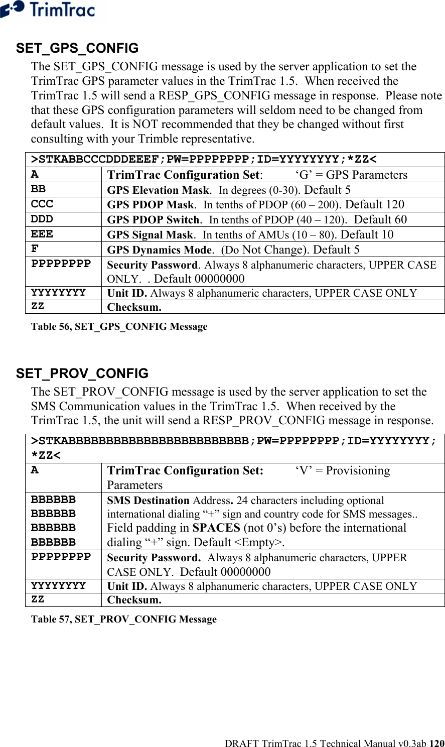  DRAFT TrimTrac 1.5 Technical Manual v0.3ab 120 SET_GPS_CONFIG  The SET_GPS_CONFIG message is used by the server application to set the TrimTrac GPS parameter values in the TrimTrac 1.5.  When received the TrimTrac 1.5 will send a RESP_GPS_CONFIG message in response.  Please note that these GPS configuration parameters will seldom need to be changed from default values.  It is NOT recommended that they be changed without first consulting with your Trimble representative. &gt;STKABBCCCDDDEEEF;PW=PPPPPPPP;ID=YYYYYYYY;*ZZ&lt; A  TrimTrac Configuration Set:  ‘G’ = GPS Parameters BB  GPS Elevation Mask.  In degrees (0-30). Default 5 CCC  GPS PDOP Mask.  In tenths of PDOP (60 – 200). Default 120 DDD  GPS PDOP Switch.  In tenths of PDOP (40 – 120).  Default 60 EEE  GPS Signal Mask.  In tenths of AMUs (10 – 80). Default 10 F  GPS Dynamics Mode.  (Do Not Change). Default 5 PPPPPPPP  Security Password. Always 8 alphanumeric characters, UPPER CASE ONLY.  . Default 00000000 YYYYYYYY Unit ID. Always 8 alphanumeric characters, UPPER CASE ONLY ZZ Checksum.   Table 56, SET_GPS_CONFIG Message  SET_PROV_CONFIG  The SET_PROV_CONFIG message is used by the server application to set the SMS Communication values in the TrimTrac 1.5.  When received by the TrimTrac 1.5, the unit will send a RESP_PROV_CONFIG message in response. &gt;STKABBBBBBBBBBBBBBBBBBBBBBBB;PW=PPPPPPPP;ID=YYYYYYYY;*ZZ&lt; A  TrimTrac Configuration Set:  ‘V’ = Provisioning Parameters BBBBBB BBBBBB BBBBBB BBBBBB SMS Destination Address. 24 characters including optional international dialing “+” sign and country code for SMS messages..  Field padding in SPACES (not 0’s) before the international dialing “+” sign. Default &lt;Empty&gt;.   PPPPPPPP  Security Password.  Always 8 alphanumeric characters, UPPER CASE ONLY.  Default 00000000 YYYYYYYY Unit ID. Always 8 alphanumeric characters, UPPER CASE ONLY ZZ Checksum.   Table 57, SET_PROV_CONFIG Message  