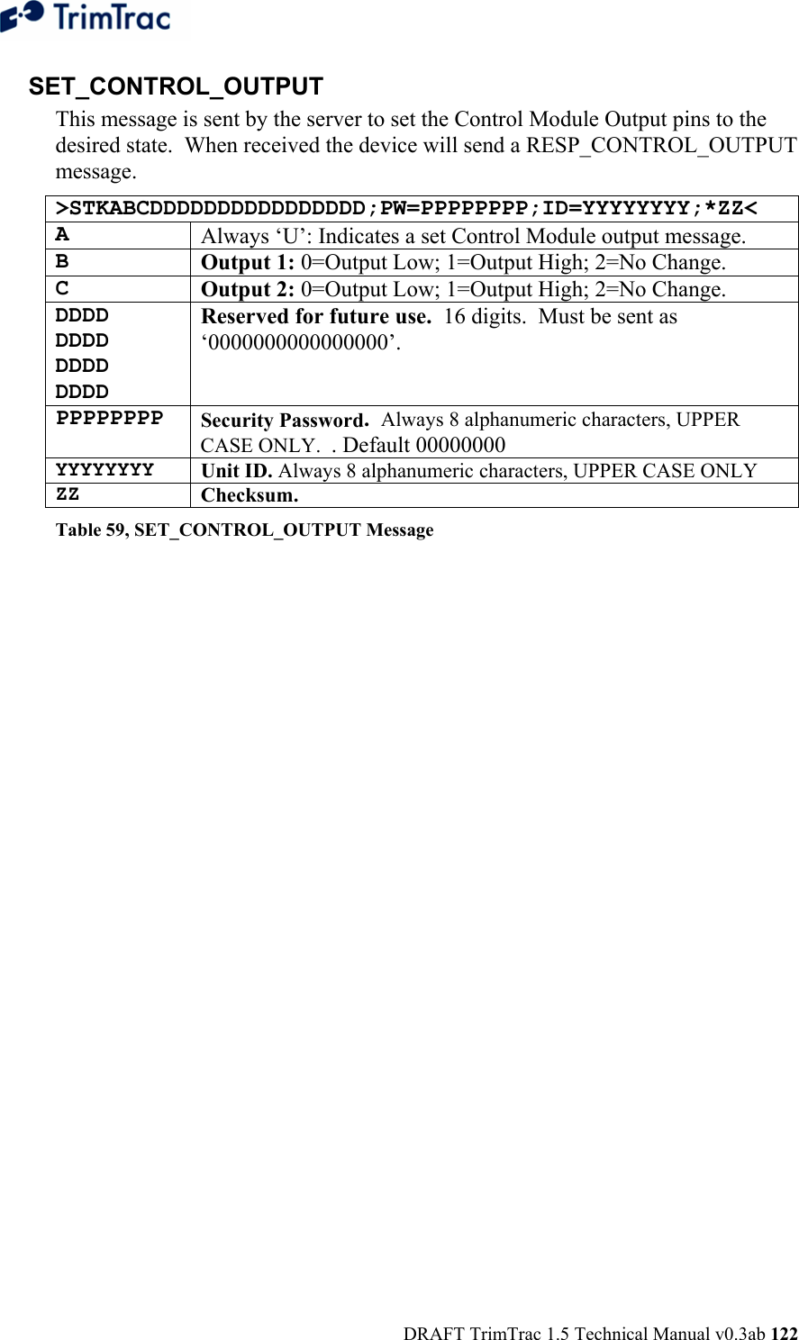  DRAFT TrimTrac 1.5 Technical Manual v0.3ab 122 SET_CONTROL_OUTPUT This message is sent by the server to set the Control Module Output pins to the desired state.  When received the device will send a RESP_CONTROL_OUTPUT message. &gt;STKABCDDDDDDDDDDDDDDDD;PW=PPPPPPPP;ID=YYYYYYYY;*ZZ&lt; A  Always ‘U’: Indicates a set Control Module output message. B  Output 1: 0=Output Low; 1=Output High; 2=No Change.   C  Output 2: 0=Output Low; 1=Output High; 2=No Change.   DDDD DDDD DDDD DDDD Reserved for future use.  16 digits.  Must be sent as ‘0000000000000000’. PPPPPPPP Security Password.  Always 8 alphanumeric characters, UPPER CASE ONLY.  . Default 00000000 YYYYYYYY  Unit ID. Always 8 alphanumeric characters, UPPER CASE ONLY ZZ  Checksum.   Table 59, SET_CONTROL_OUTPUT Message 