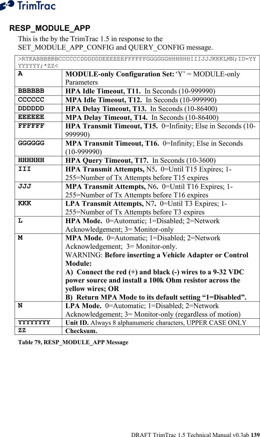  DRAFT TrimTrac 1.5 Technical Manual v0.3ab 139 RESP_MODULE_APP This is the by the TrimTrac 1.5 in response to the SET_MODULE_APP_CONFIG and QUERY_CONFIG message. &gt;RTKABBBBBBCCCCCCDDDDDDEEEEEEFFFFFFGGGGGGHHHHHHIIIJJJKKKLMN;ID=YYYYYYYY;*ZZ&lt; A MODULE-only Configuration Set: ‘Y’ = MODULE-only Parameters BBBBBB HPA Idle Timeout, T11.  In Seconds (10-999990) CCCCCC MPA Idle Timeout, T12.  In Seconds (10-999990) DDDDDD HPA Delay Timeout, T13.  In Seconds (10-86400) EEEEEE MPA Delay Timeout, T14.  In Seconds (10-86400) FFFFFF HPA Transmit Timeout, T15.  0=Infinity; Else in Seconds (10-999990) GGGGGG MPA Transmit Timeout, T16.  0=Infinity; Else in Seconds (10-999990) HHHHHH HPA Query Timeout, T17.  In Seconds (10-3600) III HPA Transmit Attempts, N5.  0=Until T15 Expires; 1-255=Number of Tx Attempts before T15 expires JJJ MPA Transmit Attempts, N6.  0=Until T16 Expires; 1-255=Number of Tx Attempts before T16 expires KKK LPA Transmit Attempts, N7.  0=Until T3 Expires; 1-255=Number of Tx Attempts before T3 expires L HPA Mode.  0=Automatic; 1=Disabled; 2=Network Acknowledgement; 3= Monitor-only M MPA Mode.  0=Automatic; 1=Disabled; 2=Network Acknowledgement;  3= Monitor-only.  WARNING: Before inserting a Vehicle Adapter or Control Module: A)  Connect the red (+) and black (-) wires to a 9-32 VDC power source and install a 100k Ohm resistor across the yellow wires; OR B)  Return MPA Mode to its default setting “1=Disabled”. N LPA Mode.  0=Automatic; 1=Disabled; 2=Network Acknowledgement; 3= Monitor-only (regardless of motion) YYYYYYYY  Unit ID. Always 8 alphanumeric characters, UPPER CASE ONLY ZZ  Checksum.   Table 79, RESP_MODULE_APP Message 