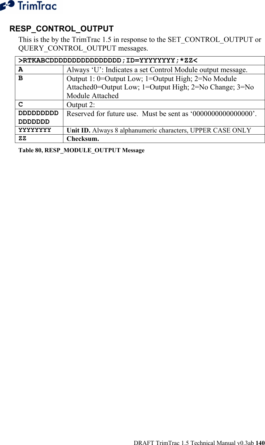  DRAFT TrimTrac 1.5 Technical Manual v0.3ab 140 RESP_CONTROL_OUTPUT This is the by the TrimTrac 1.5 in response to the SET_CONTROL_OUTPUT or QUERY_CONTROL_OUTPUT messages. &gt;RTKABCDDDDDDDDDDDDDDDD;ID=YYYYYYYY;*ZZ&lt; A  Always ‘U’: Indicates a set Control Module output message. B  Output 1: 0=Output Low; 1=Output High; 2=No Module Attached0=Output Low; 1=Output High; 2=No Change; 3=No Module Attached C  Output 2:  DDDDDDDDDDDDDDDD Reserved for future use.  Must be sent as ‘0000000000000000’. YYYYYYYY  Unit ID. Always 8 alphanumeric characters, UPPER CASE ONLY ZZ  Checksum.   Table 80, RESP_MODULE_OUTPUT Message 