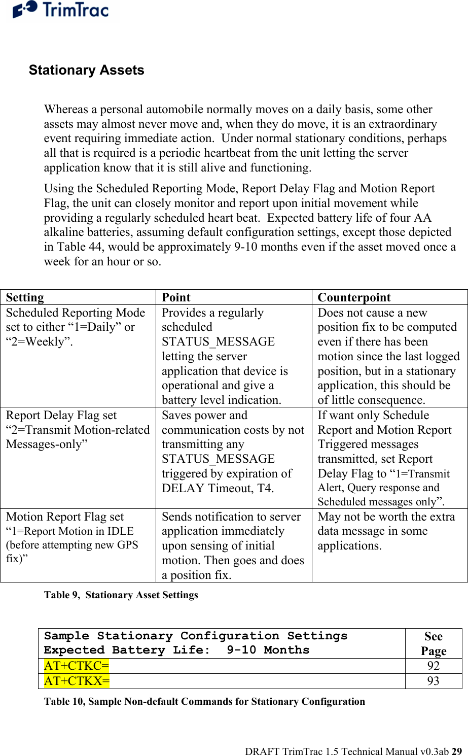  DRAFT TrimTrac 1.5 Technical Manual v0.3ab 29  Stationary Assets  Whereas a personal automobile normally moves on a daily basis, some other assets may almost never move and, when they do move, it is an extraordinary event requiring immediate action.  Under normal stationary conditions, perhaps all that is required is a periodic heartbeat from the unit letting the server application know that it is still alive and functioning.  Using the Scheduled Reporting Mode, Report Delay Flag and Motion Report Flag, the unit can closely monitor and report upon initial movement while providing a regularly scheduled heart beat.  Expected battery life of four AA alkaline batteries, assuming default configuration settings, except those depicted in Table 44, would be approximately 9-10 months even if the asset moved once a week for an hour or so.  Setting Point  Counterpoint Scheduled Reporting Mode set to either “1=Daily” or “2=Weekly”. Provides a regularly scheduled STATUS_MESSAGE letting the server application that device is operational and give a battery level indication.   Does not cause a new position fix to be computed even if there has been motion since the last logged position, but in a stationary application, this should be of little consequence.  Report Delay Flag set “2=Transmit Motion-related Messages-only” Saves power and communication costs by not transmitting any STATUS_MESSAGE triggered by expiration of DELAY Timeout, T4.   If want only Schedule Report and Motion Report Triggered messages transmitted, set Report Delay Flag to “1=Transmit Alert, Query response and Scheduled messages only”. Motion Report Flag set “1=Report Motion in IDLE (before attempting new GPS fix)” Sends notification to server application immediately upon sensing of initial motion. Then goes and does a position fix. May not be worth the extra data message in some applications. Table 9,  Stationary Asset Settings  Sample Stationary Configuration Settings Expected Battery Life:  9-10 Months See Page AT+CTKC=  92 AT+CTKX= 93 Table 10, Sample Non-default Commands for Stationary Configuration 