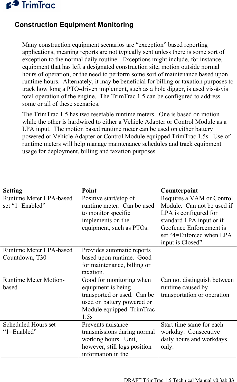  DRAFT TrimTrac 1.5 Technical Manual v0.3ab 33 Construction Equipment Monitoring  Many construction equipment scenarios are “exception” based reporting applications, meaning reports are not typically sent unless there is some sort of exception to the normal daily routine.  Exceptions might include, for instance, equipment that has left a designated construction site, motion outside normal hours of operation, or the need to perform some sort of maintenance based upon runtime hours.  Alternately, it may be beneficial for billing or taxation purposes to track how long a PTO-driven implement, such as a hole digger, is used vis-à-vis total operation of the engine.  The TrimTrac 1.5 can be configured to address some or all of these scenarios. The TrimTrac 1.5 has two resetable runtime meters.  One is based on motion while the other is hardwired to either a Vehicle Adapter or Control Module as a LPA input.  The motion based runtime meter can be used on either battery powered or Vehicle Adapter or Control Module equipped TrimTrac 1.5s.  Use of runtime meters will help manage maintenance schedules and track equipment usage for deployment, billing and taxation purposes.    Setting Point  Counterpoint Runtime Meter LPA-based set “1=Enabled”  Positive start/stop of runtime meter.  Can be used to monitor specific implements on the equipment, such as PTOs.  Requires a VAM or Control Module.  Can not be used if LPA is configured for standard LPA input or if Geofence Enforcement is set “4=Enforced when LPA input is Closed” Runtime Meter LPA-based Countdown, T30 Provides automatic reports based upon runtime.  Good for maintenance, billing or taxation.  Runtime Meter Motion-based Good for monitoring when equipment is being transported or used.  Can be used on battery powered or Module equipped  TrimTrac 1.5s Can not distinguish between runtime caused by transportation or operation Scheduled Hours set “1=Enabled” Prevents nuisance transmissions during normal working hours.  Unit, however, still logs position information in the Start time same for each workday.  Consecutive daily hours and workdays only.   