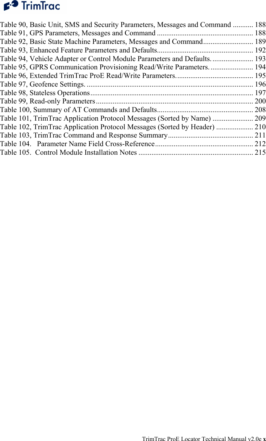  TrimTrac ProE Locator Technical Manual v2.0e x Table 90, Basic Unit, SMS and Security Parameters, Messages and Command ........... 188 Table 91, GPS Parameters, Messages and Command .................................................... 188 Table 92, Basic State Machine Parameters, Messages and Command........................... 189 Table 93, Enhanced Feature Parameters and Defaults.................................................... 192 Table 94, Vehicle Adapter or Control Module Parameters and Defaults....................... 193 Table 95, GPRS Communication Provisioning Read/Write Parameters........................ 194 Table 96, Extended TrimTrac ProE Read/Write Parameters.......................................... 195 Table 97, Geofence Settings. .......................................................................................... 196 Table 98, Stateless Operations........................................................................................ 197 Table 99, Read-only Parameters..................................................................................... 200 Table 100, Summary of AT Commands and Defaults.................................................... 208 Table 101, TrimTrac Application Protocol Messages (Sorted by Name) ...................... 209 Table 102, TrimTrac Application Protocol Messages (Sorted by Header) .................... 210 Table 103, TrimTrac Command and Response Summary.............................................. 211 Table 104.   Parameter Name Field Cross-Reference..................................................... 212 Table 105.  Control Module Installation Notes .............................................................. 215  