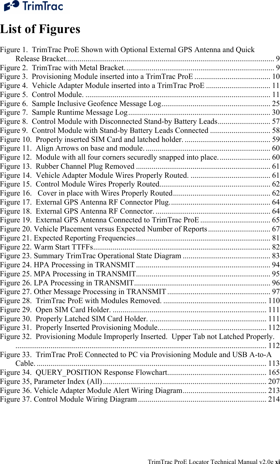  TrimTrac ProE Locator Technical Manual v2.0e xi List of Figures  Figure 1.  TrimTrac ProE Shown with Optional External GPS Antenna and Quick Release Bracket........................................................................................................... 9 Figure 2.  TrimTrac with Metal Bracket............................................................................. 9 Figure 3.  Provisioning Module inserted into a TrimTrac ProE ....................................... 10 Figure 4.  Vehicle Adapter Module inserted into a TrimTrac ProE ................................. 11 Figure 5.  Control Module. ............................................................................................... 11 Figure 6.  Sample Inclusive Geofence Message Log........................................................ 25 Figure 7.  Sample Runtime Message Log......................................................................... 30 Figure 8.  Control Module with Disconnected Stand-by Battery Leads........................... 57 Figure 9.  Control Module with Stand-by Battery Leads Connected ............................... 58 Figure 10.  Properly inserted SIM Card and latched holder. ............................................ 59 Figure 11.  Align Arrows on base and module. ................................................................ 60 Figure 12.  Module with all four corners securedly snapped into place........................... 60 Figure 13.  Rubber Channel Plug Removed ..................................................................... 61 Figure 14.  Vehicle Adapter Module Wires Properly Routed. ......................................... 61 Figure 15.  Control Module Wires Properly Routed......................................................... 62 Figure 16.   Cover in place with Wires Properly Routed.................................................. 62 Figure 17.  External GPS Antenna RF Connector Plug.................................................... 64 Figure 18.  External GPS Antenna RF Connector. ........................................................... 64 Figure 19.  External GPS Antenna Connected to TrimTrac ProE .................................... 65 Figure 20. Vehicle Placement versus Expected Number of Reports................................ 67 Figure 21. Expected Reporting Frequencies..................................................................... 81 Figure 22. Warm Start TTFFs........................................................................................... 82 Figure 23. Summary TrimTrac Operational State Diagram ............................................. 83 Figure 24. HPA Processing in TRANSMIT ..................................................................... 94 Figure 25. MPA Processing in TRANSMIT..................................................................... 95 Figure 26. LPA Processing in TRANSMIT...................................................................... 96 Figure 27. Other Message Processing in TRANSMIT ..................................................... 97 Figure 28.  TrimTrac ProE with Modules Removed. ..................................................... 110 Figure 29.  Open SIM Card Holder. ............................................................................... 111 Figure 30.  Properly Latched SIM Card Holder. ............................................................ 111 Figure 31.  Properly Inserted Provisioning Module........................................................ 112 Figure 32.  Provisioning Module Improperly Inserted.  Upper Tab not Latched Properly.................................................................................................................................. 112 Figure 33.  TrimTrac ProE Connected to PC via Provisioning Module and USB A-to-A Cable. ...................................................................................................................... 113 Figure 34.  QUERY_POSITION Response Flowchart................................................... 165 Figure 35, Parameter Index (All).................................................................................... 207 Figure 36. Vehicle Adapter Module Alert Wiring Diagram........................................... 213 Figure 37. Control Module Wiring Diagram .................................................................. 214  