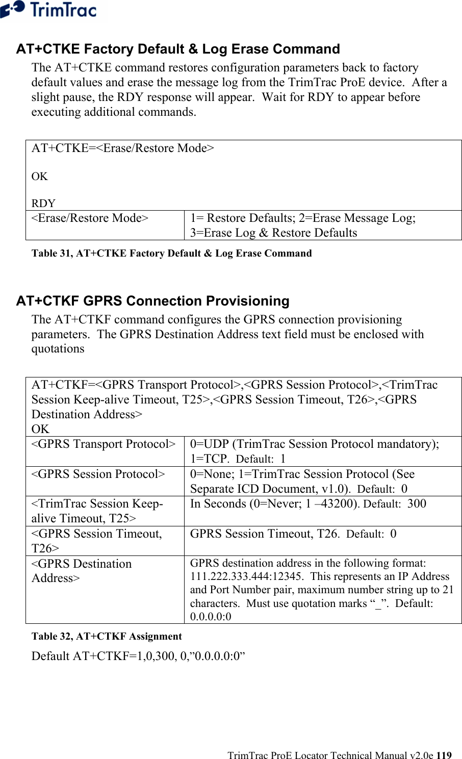  TrimTrac ProE Locator Technical Manual v2.0e 119 AT+CTKE Factory Default &amp; Log Erase Command  The AT+CTKE command restores configuration parameters back to factory default values and erase the message log from the TrimTrac ProE device.  After a slight pause, the RDY response will appear.  Wait for RDY to appear before executing additional commands.  AT+CTKE=&lt;Erase/Restore Mode&gt;  OK  RDY &lt;Erase/Restore Mode&gt;  1= Restore Defaults; 2=Erase Message Log; 3=Erase Log &amp; Restore Defaults Table 31, AT+CTKE Factory Default &amp; Log Erase Command  AT+CTKF GPRS Connection Provisioning  The AT+CTKF command configures the GPRS connection provisioning parameters.  The GPRS Destination Address text field must be enclosed with quotations   AT+CTKF=&lt;GPRS Transport Protocol&gt;,&lt;GPRS Session Protocol&gt;,&lt;TrimTrac Session Keep-alive Timeout, T25&gt;,&lt;GPRS Session Timeout, T26&gt;,&lt;GPRS Destination Address&gt; OK &lt;GPRS Transport Protocol&gt;  0=UDP (TrimTrac Session Protocol mandatory); 1=TCP.  Default:  1 &lt;GPRS Session Protocol&gt;  0=None; 1=TrimTrac Session Protocol (See Separate ICD Document, v1.0).  Default:  0 &lt;TrimTrac Session Keep-alive Timeout, T25&gt; In Seconds (0=Never; 1 –43200). Default:  300 &lt;GPRS Session Timeout, T26&gt; GPRS Session Timeout, T26.  Default:  0 &lt;GPRS Destination Address&gt; GPRS destination address in the following format: 111.222.333.444:12345.  This represents an IP Address and Port Number pair, maximum number string up to 21 characters.  Must use quotation marks “_”.  Default:  0.0.0.0:0 Table 32, AT+CTKF Assignment Default AT+CTKF=1,0,300, 0,”0.0.0.0:0” 