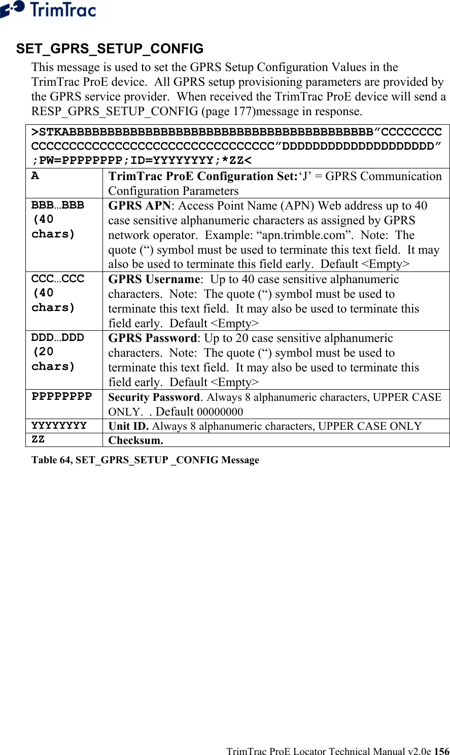  TrimTrac ProE Locator Technical Manual v2.0e 156 SET_GPRS_SETUP_CONFIG  This message is used to set the GPRS Setup Configuration Values in the TrimTrac ProE device.  All GPRS setup provisioning parameters are provided by the GPRS service provider.  When received the TrimTrac ProE device will send a RESP_GPRS_SETUP_CONFIG (page 177)message in response. &gt;STKABBBBBBBBBBBBBBBBBBBBBBBBBBBBBBBBBBBBBBBB”CCCCCCCCCCCCCCCCCCCCCCCCCCCCCCCCCCCCCCCC”DDDDDDDDDDDDDDDDDDDD”;PW=PPPPPPPP;ID=YYYYYYYY;*ZZ&lt; A  TrimTrac ProE Configuration Set: ‘J’ = GPRS Communication Configuration Parameters BBB…BBB (40 chars) GPRS APN: Access Point Name (APN) Web address up to 40 case sensitive alphanumeric characters as assigned by GPRS network operator.  Example: “apn.trimble.com”.  Note:  The quote (“) symbol must be used to terminate this text field.  It may also be used to terminate this field early.  Default &lt;Empty&gt; CCC…CCC (40 chars) GPRS Username:  Up to 40 case sensitive alphanumeric characters.  Note:  The quote (“) symbol must be used to terminate this text field.  It may also be used to terminate this field early.  Default &lt;Empty&gt; DDD…DDD (20 chars) GPRS Password: Up to 20 case sensitive alphanumeric characters.  Note:  The quote (“) symbol must be used to terminate this text field.  It may also be used to terminate this field early.  Default &lt;Empty&gt; PPPPPPPP  Security Password. Always 8 alphanumeric characters, UPPER CASE ONLY.  . Default 00000000 YYYYYYYY Unit ID. Always 8 alphanumeric characters, UPPER CASE ONLY ZZ Checksum.   Table 64, SET_GPRS_SETUP _CONFIG Message  