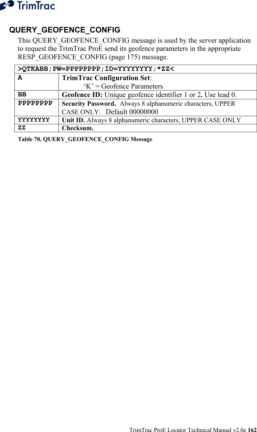  TrimTrac ProE Locator Technical Manual v2.0e 162 QUERY_GEOFENCE_CONFIG This QUERY_GEOFENCE_CONFIG message is used by the server application to request the TrimTrac ProE send its geofence parameters in the appropriate RESP_GEOFENCE_CONFIG (page 175) message. &gt;QTKABB;PW=PPPPPPPP;ID=YYYYYYYY;*ZZ&lt; A  TrimTrac Configuration Set:   ‘K’ = Geofence Parameters BB  Geofence ID: Unique geofence identifier 1 or 2. Use lead 0. PPPPPPPP  Security Password.  Always 8 alphanumeric characters, UPPER CASE ONLY.   Default 00000000 YYYYYYYY Unit ID. Always 8 alphanumeric characters, UPPER CASE ONLY ZZ Checksum.   Table 70, QUERY_GEOFENCE_CONFIG Message 