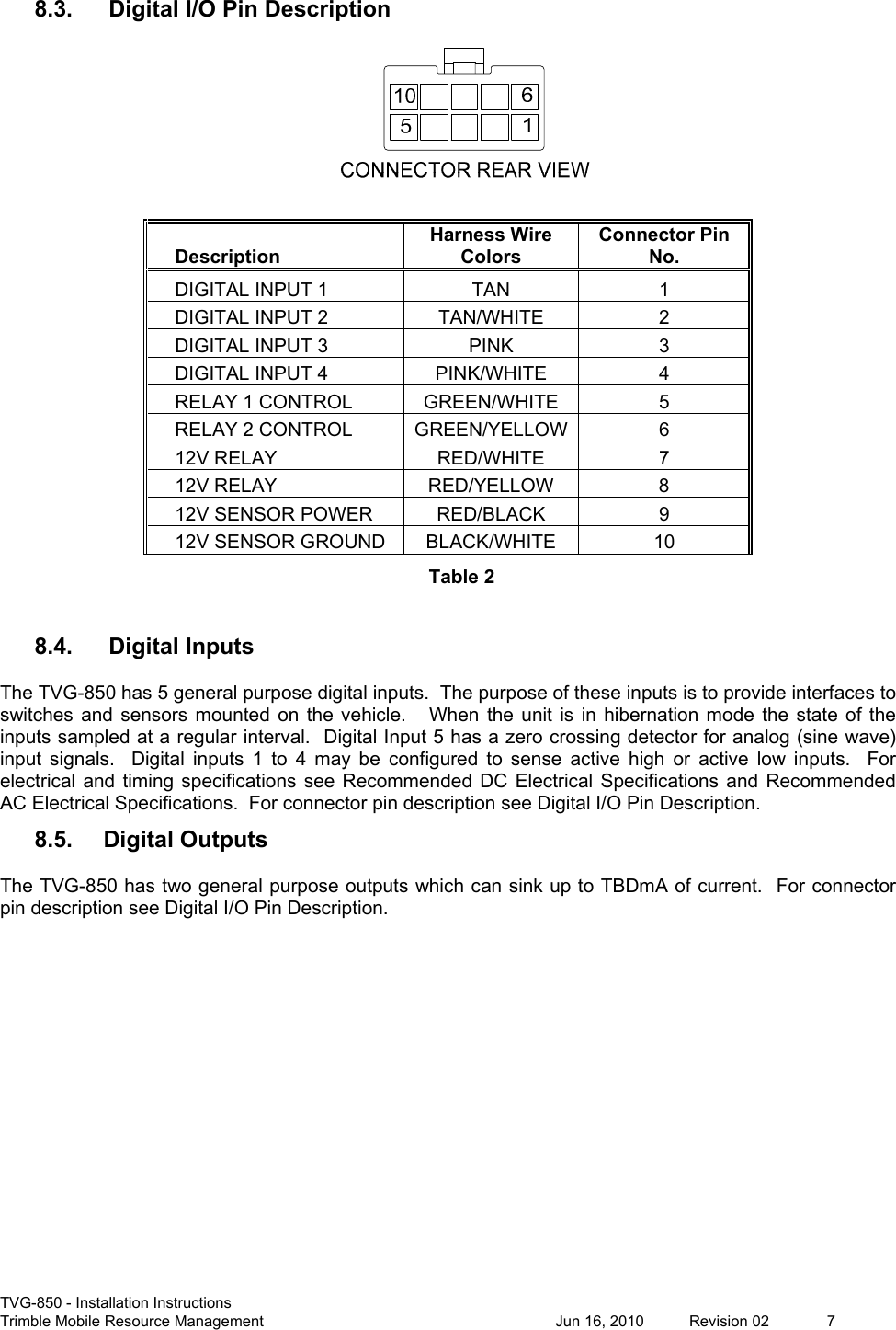  TVG-850 - Installation Instructions Trimble Mobile Resource Management           Jun 16, 2010  Revision 02  7 8.3.  Digital I/O Pin Description  Description Harness Wire Colors Connector Pin No. DIGITAL INPUT 1  TAN  1 DIGITAL INPUT 2  TAN/WHITE  2 DIGITAL INPUT 3  PINK  3 DIGITAL INPUT 4  PINK/WHITE  4 RELAY 1 CONTROL  GREEN/WHITE  5 RELAY 2 CONTROL  GREEN/YELLOW 6 12V RELAY  RED/WHITE  7 12V RELAY  RED/YELLOW  8 12V SENSOR POWER  RED/BLACK  9 12V SENSOR GROUND  BLACK/WHITE  10 Table 2  8.4.  Digital Inputs   The TVG-850 has 5 general purpose digital inputs.  The purpose of these inputs is to provide interfaces to switches  and  sensors  mounted  on  the  vehicle.      When  the  unit  is  in  hibernation  mode  the  state  of  the inputs sampled at a regular interval.  Digital Input 5 has a zero crossing detector for analog (sine wave) input  signals.    Digital  inputs  1  to  4  may  be  configured  to  sense  active  high  or  active  low  inputs.    For electrical  and timing specifications see Recommended DC Electrical Specifications and  Recommended AC Electrical Specifications.  For connector pin description see Digital I/O Pin Description. 8.5. Digital Outputs The TVG-850 has two general purpose outputs which can sink up to TBDmA of current.  For connector pin description see Digital I/O Pin Description. 