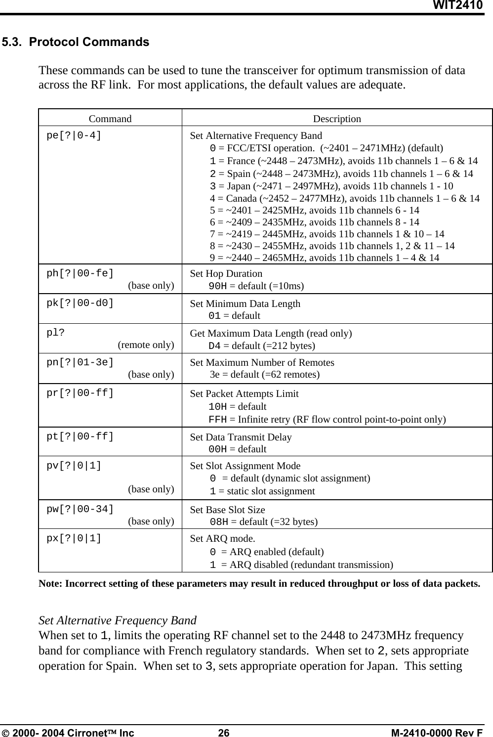 WIT2410 5.3.  Protocol Commands  These commands can be used to tune the transceiver for optimum transmission of data across the RF link.  For most applications, the default values are adequate.   Command   Description pe[?|0-4]  Set Alternative Frequency Band  0 = FCC/ETSI operation.  (~2401 – 2471MHz) (default)  1 = France (~2448 – 2473MHz), avoids 11b channels 1 – 6 &amp; 14  2 = Spain (~2448 – 2473MHz), avoids 11b channels 1 – 6 &amp; 14  3 = Japan (~2471 – 2497MHz), avoids 11b channels 1 - 10   4 = Canada (~2452 – 2477MHz), avoids 11b channels 1 – 6 &amp; 14   5 = ~2401 – 2425MHz, avoids 11b channels 6 - 14   6 = ~2409 – 2435MHz, avoids 11b channels 8 - 14   7 = ~2419 – 2445MHz, avoids 11b channels 1 &amp; 10 – 14   8 = ~2430 – 2455MHz, avoids 11b channels 1, 2 &amp; 11 – 14   9 = ~2440 – 2465MHz, avoids 11b channels 1 – 4 &amp; 14  ph[?|00-fe]  (base only)  Set Hop Duration  90H = default (=10ms)  pk[?|00-d0]      Set Minimum Data Length  01 = default  pl?  (remote only)    Get Maximum Data Length (read only)  D4 = default (=212 bytes) pn[?|01-3e]  (base only)  Set Maximum Number of Remotes   3e = default (=62 remotes)  pr[?|00-ff]                                     Set Packet Attempts Limit  10H = default  FFH = Infinite retry (RF flow control point-to-point only)  pt[?|00-ff]    Set Data Transmit Delay  00H = default    pv[?|0|1]  (base only) Set Slot Assignment Mode  0 = default (dynamic slot assignment)  1 = static slot assignment pw[?|00-34]  (base only)  Set Base Slot Size  08H = default (=32 bytes) px[?|0|1]  Set ARQ mode.    0  = ARQ enabled (default)  1  = ARQ disabled (redundant transmission) Note: Incorrect setting of these parameters may result in reduced throughput or loss of data packets.     Set Alternative Frequency Band When set to 1, limits the operating RF channel set to the 2448 to 2473MHz frequency band for compliance with French regulatory standards.  When set to 2, sets appropriate operation for Spain.  When set to 3, sets appropriate operation for Japan.  This setting © 2000- 2004 Cirronet™ Inc  26  M-2410-0000 Rev F 