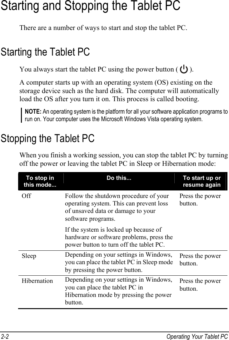  Starting and Stopping the Tablet PC There are a number of ways to start and stop the tablet PC. Starting the Tablet PC You always start the tablet PC using the power button (   ). A computer starts up with an operating system (OS) existing on the storage device such as the hard disk. The computer will automatically load the OS after you turn it on. This process is called booting. NOTE: An operating system is the platform for all your software application programs to run on. Your computer uses the Microsoft Windows Vista operating system. Stopping the Tablet PC When you finish a working session, you can stop the tablet PC by turning off the power or leaving the tablet PC in Sleep or Hibernation mode: To stop in  Do this...  To start up or this mode...  resume again Off  Follow the shutdown procedure of your operating system. This can prevent loss of unsaved data or damage to your software programs. Press the power button. If the system is locked up because of hardware or software problems, press the power button to turn off the tablet PC. Depending on your settings in Windows, you can place the tablet PC in Sleep mode by pressing the power button. Sleep  Press the power button. Depending on your settings in Windows, you can place the tablet PC in Hibernation mode by pressing the power button. Hibernation  Press the power button.  2-2  Operating Your Tablet PC  
