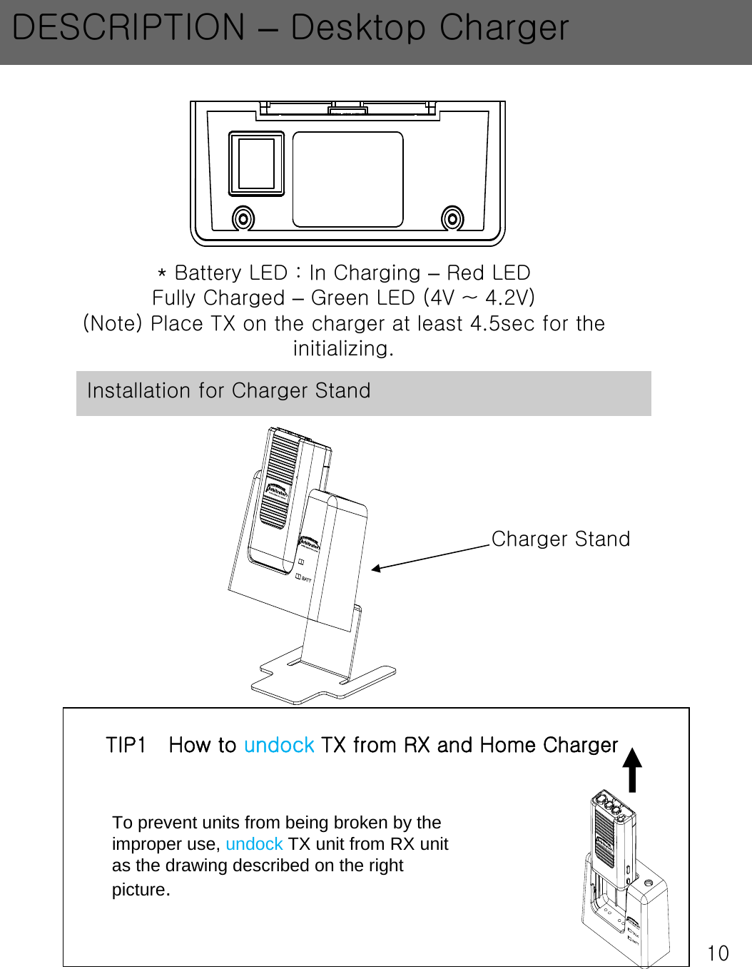 10* Battery LED : In Charging &ndash;Red LEDFully Charged &ndash;Green LED (4V ~ 4.2V)(Note) Place TX on the charger at least 4.5sec for the initializing.Installation for Charger StandCharger StandTo prevent units from being broken by the improper use, undock TX unit from RX unit as the drawing described on the right picture.DESCRIPTION &ndash;Desktop ChargerTIP1   How to undock TX from RX and Home Charger