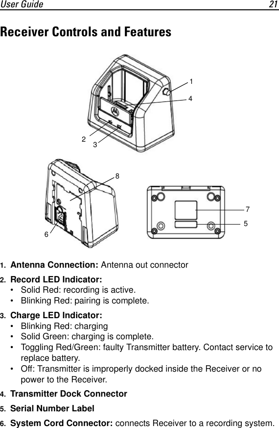 User Guide 21Receiver Controls and Features1. Antenna Connection: Antenna out connector2. Record LED Indicator: &bull; Solid Red: recording is active.&bull; Blinking Red: pairing is complete.3. Charge LED Indicator: &bull; Blinking Red: charging&bull; Solid Green: charging is complete.&bull; Toggling Red/Green: faulty Transmitter battery. Contact service to replace battery.&bull; Off: Transmitter is improperly docked inside the Receiver or no power to the Receiver.4. Transmitter Dock Connector5. Serial Number Label6. System Cord Connector: connects Receiver to a recording system.12345678