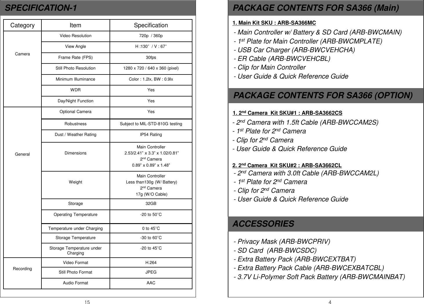 15  4 SPECIFICATION-1  PACKAGE CONTENTS FOR SA366 (Main) - Main Controller w/ Battery &amp; SD Card (ARB-BWCMAIN) - 1st Plate for Main Controller (ARB-BWCMPLATE) - USB Car Charger (ARB-BWCVEHCHA) - ER Cable (ARB-BWCVEHCBL) - Clip for Main Controller - User Guide &amp; Quick Reference Guide  ACCESSORIES - 2nd Camera with 1.5ft Cable (ARB-BWCCAM2S) - 1st Plate for 2nd Camera  - Clip for 2nd Camera - User Guide &amp; Quick Reference Guide  PACKAGE CONTENTS FOR SA366 (OPTION) 1. 2nd Camera  Kit SKU#1 : ARB-SA3662CS 1. Main Kit SKU : ARB-SA366MC   2. 2nd Camera  Kit SKU#2 : ARB-SA3662CL - 2nd Camera with 3.0ft Cable (ARB-BWCCAM2L) - 1st Plate for 2nd Camera  - Clip for 2nd Camera - User Guide &amp; Quick Reference Guide  - Privacy Mask (ARB-BWCPRIV) - SD Card  (ARB-BWCSDC) - Extra Battery Pack (ARB-BWCEXTBAT) - Extra Battery Pack Cable (ARB-BWCEXBATCBL) - 3.7V Li-Polymer Soft Pack Battery (ARB-BWCMAINBAT)   Category  Item  Specification    Camera Video Resolution  720p  / 360p View Angle  H :130&deg;  / V : 67&deg; Frame Rate (FPS)  30fps Still Photo Resolution  1280 x 720 / 640 x 360 (pixel)  Minimum Illuminance  Color : 1.2lx, BW : 0.9lx WDR  Yes Day/Night Function  Yes        General Optional Camera  Yes Robustness  Subject to MIL-STD-810G testing Dust / Weather Rating  IP54 Rating  Dimensions Main Controller  2.53/2.41&rdquo; x 3.3&rdquo; x 1.02/0.81&rdquo; 2nd Camera 0.89&rdquo; x 0.89&rdquo; x 1.48&rdquo;  Weight Main Controller  Less than130g (W/ Battery) 2nd Camera    17g (W/O Cable) Storage  32GB Operating Temperature  -20 to 50&deg;C Temperature under Charging  0 to 45&deg;C Storage Temperature  -30 to 60&deg;C Storage Temperature under Charging  -20 to 45&deg;C  Recording Video Format   H.264 Still Photo Format  JPEG Audio Format  AAC 