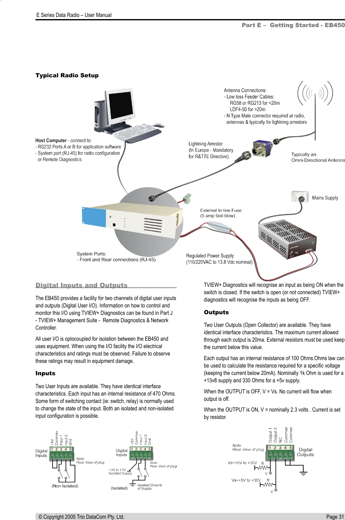 Page 31  E Series Data Radio – User Manual © Copyright 2005 Trio DataCom Pty. Ltd.Part E –  Getting Started - EB450Digital Inputs and OutputsThe EB450 provides a facility for two channels of digital user inputs and outputs (Digital User I/O). Information on how to control and monitor this I/O using TVIEW+ Diagnostics can be found in Part J - TVIEW+ Management Suite -  Remote Diagnostics &amp; Network  Controller.All user I/O is optocoupled for isolation between the EB450 and uses equipment. When using the I/O facility the I/O electrical characteristics and ratings must be observed. Failure to observe these ratings may result in equipment damage.InputsTwo User Inputs are available. They have identical interface characteristics. Each input has an internal resistance of 470 Ohms. Some form of switching contact (ie: switch, relay) is normally used to change the state of the input. Both an isolated and non-isolated input conﬁguration is possible.Typical Radio SetupIsTVIEW+ Diagnostics will recognise an input as being ON when the switch is closed. If the switch is open (or not connected) TVIEW+ diagnostics will recognise the inputs as being OFF.OutputsTwo User Outputs (Open Collector) are available. They have identical interface characteristics. The maximum current allowed through each output is 20ma. External resistors must be used keep the current below this value.Each output has an internal resistance of 100 Ohms.Ohms law can be used to calculate the resistance required for a speciﬁc voltage (keeping the current below 20mA). Nominally 1k Ohm is used for a +13v8 supply and 330 Ohms for a +5v supply.When the OUTPUT is OFF, V = Vs. No current will ﬂow when output is off.When the OUTPUT is ON, V = nominally 2.3 volts . Current is set by resistor.