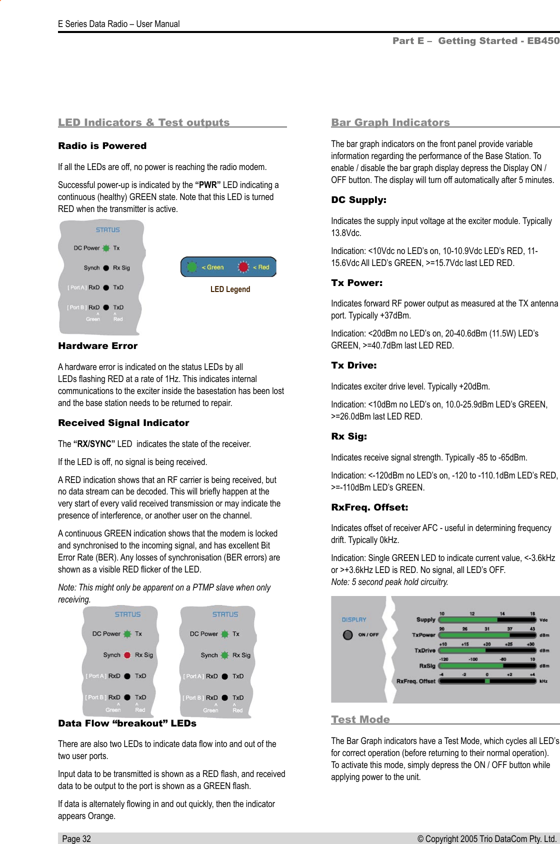   Page 32E Series Data Radio – User Manual© Copyright 2005 Trio DataCom Pty. Ltd. Bar Graph IndicatorsThe bar graph indicators on the front panel provide variable information regarding the performance of the Base Station. To enable / disable the bar graph display depress the Display ON / OFF button. The display will turn off automatically after 5 minutes.DC Supply:Indicates the supply input voltage at the exciter module. Typically 13.8Vdc.Indication: &lt;10Vdc no LED’s on, 10-10.9Vdc LED’s RED, 11-15.6Vdc All LED’s GREEN, &gt;=15.7Vdc last LED RED.Tx Power:Indicates forward RF power output as measured at the TX antenna port. Typically +37dBm.Indication: &lt;20dBm no LED’s on, 20-40.6dBm (11.5W) LED’s GREEN, &gt;=40.7dBm last LED RED.Tx Drive:Indicates exciter drive level. Typically +20dBm.Indication: &lt;10dBm no LED’s on, 10.0-25.9dBm LED’s GREEN, &gt;=26.0dBm last LED RED.Rx Sig:Indicates receive signal strength. Typically -85 to -65dBm.Indication: &lt;-120dBm no LED’s on, -120 to -110.1dBm LED’s RED, &gt;=-110dBm LED’s GREEN.RxFreq. Offset:Indicates offset of receiver AFC - useful in determining frequency drift. Typically 0kHz.Indication: Single GREEN LED to indicate current value, &lt;-3.6kHz or &gt;+3.6kHz LED is RED. No signal, all LED’s OFF.  Note: 5 second peak hold circuitry.Part E –  Getting Started - EB450Test ModeThe Bar Graph indicators have a Test Mode, which cycles all LED’s for correct operation (before returning to their normal operation). To activate this mode, simply depress the ON / OFF button while applying power to the unit.Hardware ErrorA hardware error is indicated on the status LEDs by all LEDs ﬂashing RED at a rate of 1Hz. This indicates internal communications to the exciter inside the basestation has been lost and the base station needs to be returned to repair.Received Signal IndicatorThe “RX/SYNC” LED  indicates the state of the receiver.  If the LED is off, no signal is being received.A RED indication shows that an RF carrier is being received, but no data stream can be decoded. This will brieﬂy happen at the very start of every valid received transmission or may indicate the presence of interference, or another user on the channel.A continuous GREEN indication shows that the modem is locked and synchronised to the incoming signal, and has excellent Bit Error Rate (BER). Any losses of synchronisation (BER errors) are shown as a visible RED ﬂicker of the LED. Note: This might only be apparent on a PTMP slave when only receiving.Data Flow “breakout” LEDsThere are also two LEDs to indicate data ﬂow into and out of the two user ports.Input data to be transmitted is shown as a RED ﬂash, and received data to be output to the port is shown as a GREEN ﬂash.If data is alternately ﬂowing in and out quickly, then the indicator appears Orange.LED Indicators &amp; Test outputsRadio is PoweredIf all the LEDs are off, no power is reaching the radio modem.Successful power-up is indicated by the “PWR” LED indicating a continuous (healthy) GREEN state. Note that this LED is turned RED when the transmitter is active.LED Legend