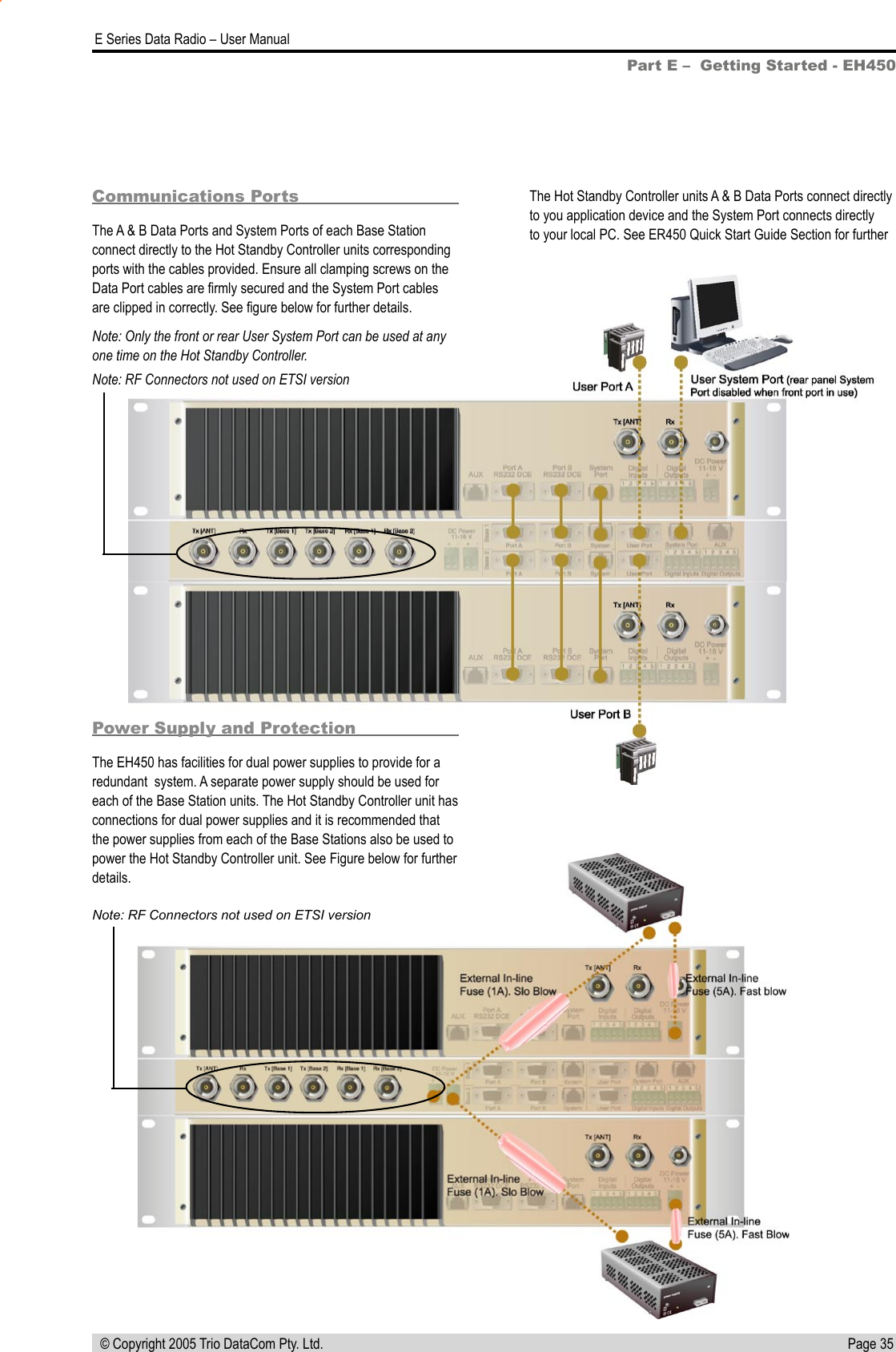 Page 35  E Series Data Radio – User Manual © Copyright 2005 Trio DataCom Pty. Ltd.Communications PortsThe A &amp; B Data Ports and System Ports of each Base Station connect directly to the Hot Standby Controller units corresponding ports with the cables provided. Ensure all clamping screws on the Data Port cables are ﬁrmly secured and the System Port cables are clipped in correctly. See ﬁgure below for further details.Note: Only the front or rear User System Port can be used at any one time on the Hot Standby Controller.Power Supply and ProtectionThe EH450 has facilities for dual power supplies to provide for a redundant  system. A separate power supply should be used for each of the Base Station units. The Hot Standby Controller unit has connections for dual power supplies and it is recommended that the power supplies from each of the Base Stations also be used to power the Hot Standby Controller unit. See Figure below for further details.The Hot Standby Controller units A &amp; B Data Ports connect directly to you application device and the System Port connects directly to your local PC. See ER450 Quick Start Guide Section for further Part E –  Getting Started - EH450Note: RF Connectors not used on ETSI versionNote: RF Connectors not used on ETSI version