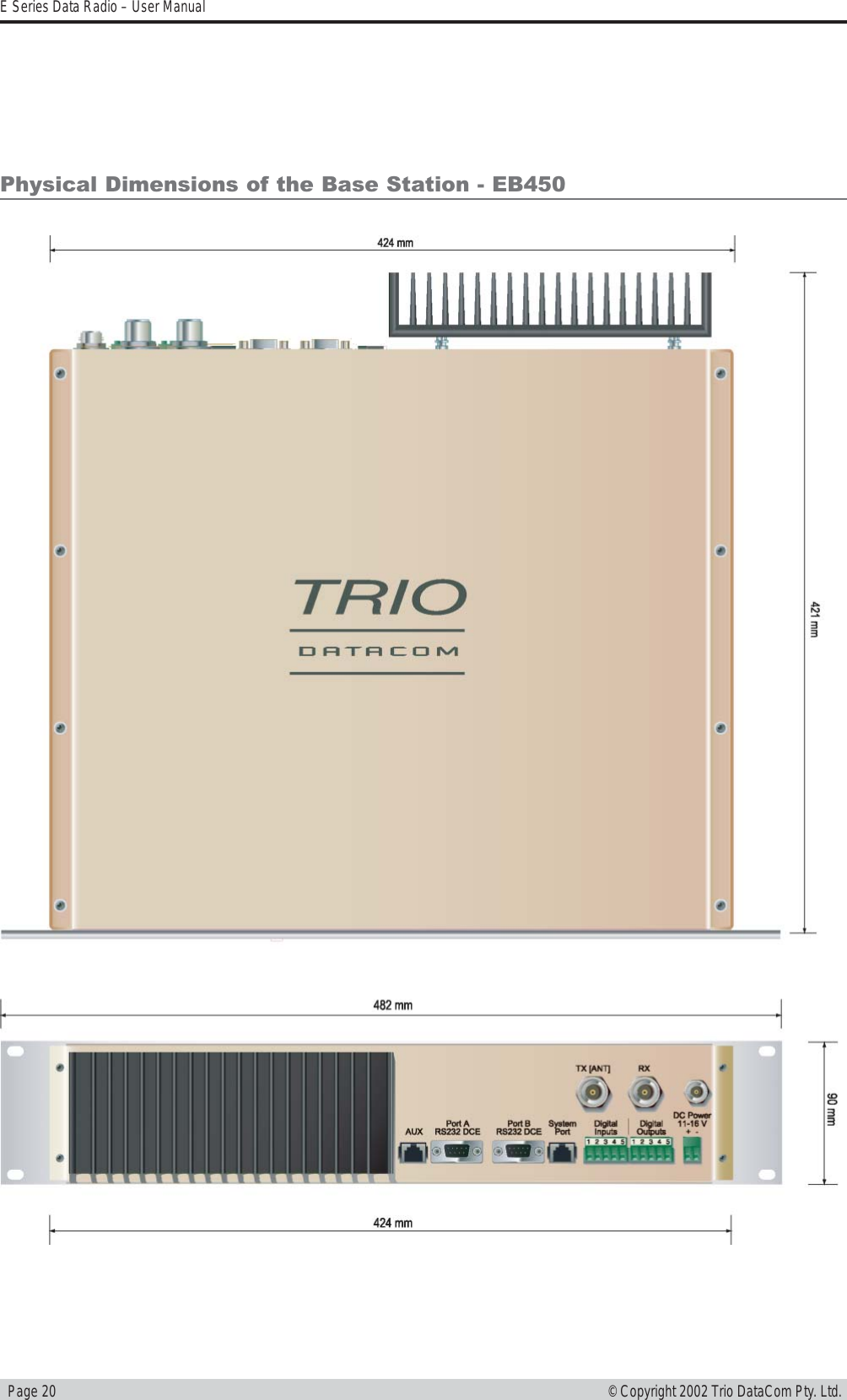   Page 20E Series Data Radio – User Manual© Copyright 2002 Trio DataCom Pty. Ltd.Physical Dimensions of the Base Station - EB450