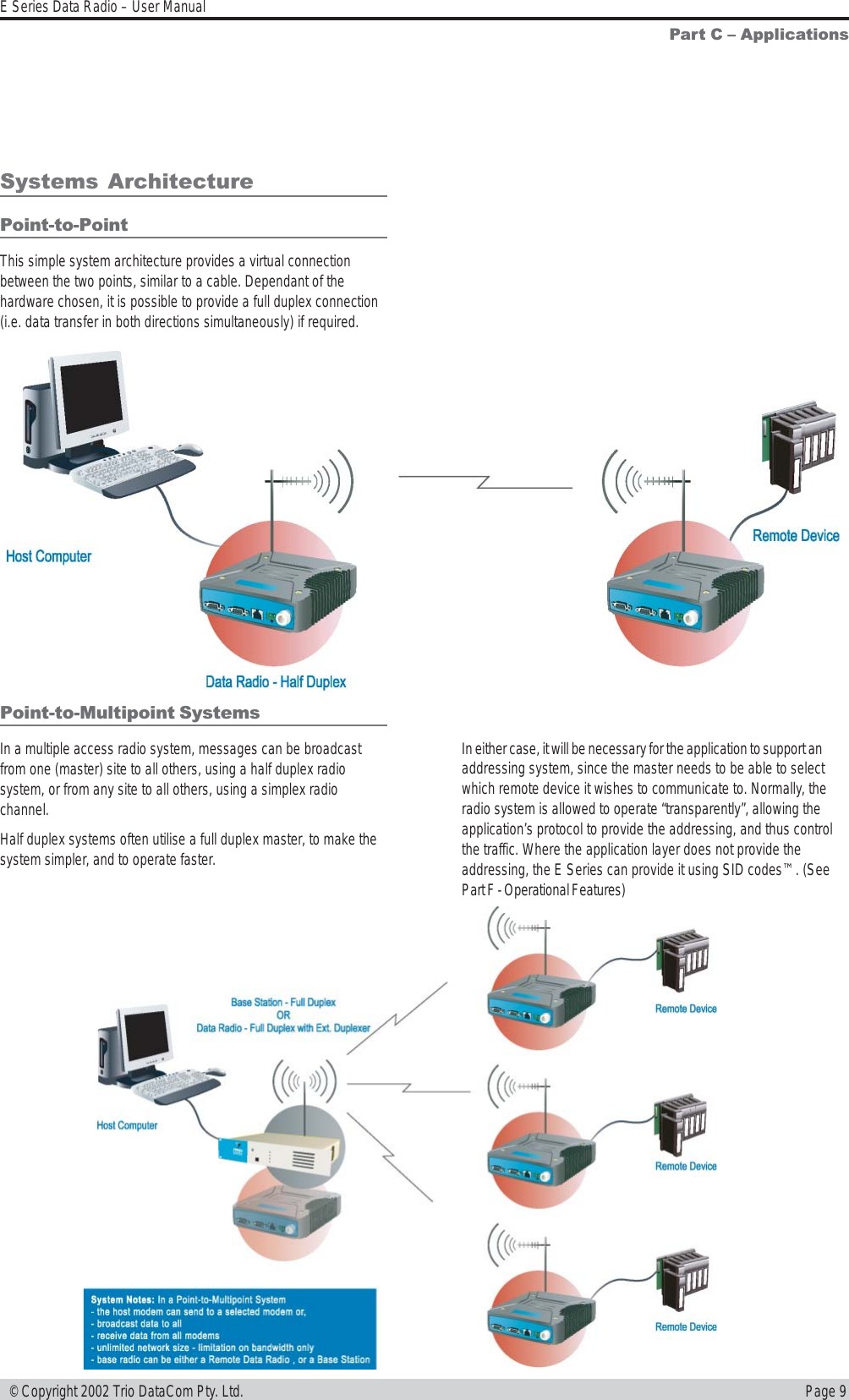 Page 9E Series Data Radio – User Manual © Copyright 2002 Trio DataCom Pty. Ltd.Part C  ApplicationsSystems ArchitecturePoint-to-PointThis simple system architecture provides a virtual connectionbetween the two points, similar to a cable. Dependant of thehardware chosen, it is possible to provide a full duplex connection(i.e. data transfer in both directions simultaneously) if required.Point-to-Multipoint SystemsIn a multiple access radio system, messages can be broadcastfrom one (master) site to all others, using a half duplex radiosystem, or from any site to all others, using a simplex radiochannel.Half duplex systems often utilise a full duplex master, to make thesystem simpler, and to operate faster.In either case, it will be necessary for the application to support anaddressing system, since the master needs to be able to selectwhich remote device it wishes to communicate to. Normally, theradio system is allowed to operate “transparently”, allowing theapplication’s protocol to provide the addressing, and thus controlthe traffic. Where the application layer does not provide theaddressing, the E Series can provide it using SID codes™. (SeePart F - Operational Features)