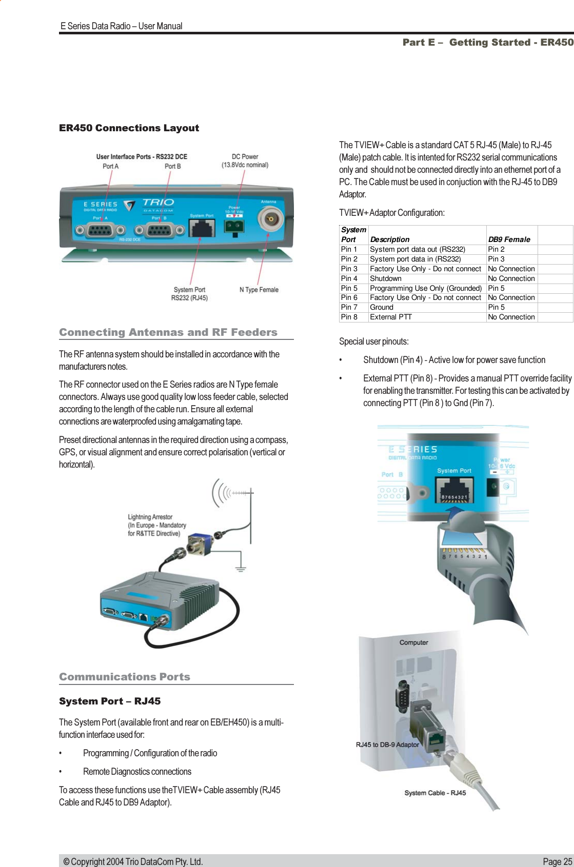 Page 25E Series Data Radio  User Manual © Copyright 2004 Trio DataCom Pty. Ltd.Part E   Getting Started - ER450ER450 Connections LayoutConnecting Antennas and RF FeedersThe RF antenna system should be installed in accordance with themanufacturers notes.The RF connector used on the E Series radios are N Type femaleconnectors. Always use good quality low loss feeder cable, selectedaccording to the length of the cable run. Ensure all externalconnections are waterproofed using amalgamating tape.Preset directional antennas in the required direction using a compass,GPS, or visual alignment and ensure correct polarisation (vertical orhorizontal).Communications PortsSystem Port  RJ45The System Port (available front and rear on EB/EH450) is a multi-function interface used for: Programming / Configuration of the radio Remote Diagnostics connectionsTo access these functions use theTVIEW+ Cable assembly (RJ45Cable and RJ45 to DB9 Adaptor).The TVIEW+ Cable is a standard CAT 5 RJ-45 (Male) to RJ-45(Male) patch cable. It is intented for RS232 serial communicationsonly and  should not be connected directly into an ethernet port of aPC. The Cable must be used in conjuction with the RJ-45 to DB9Adaptor.TVIEW+ Adaptor Configuration:Special user pinouts: Shutdown (Pin 4) - Active low for power save function External PTT (Pin 8) - Provides a manual PTT override facilityfor enabling the transmitter. For testing this can be activated byconnecting PTT (Pin 8 ) to Gnd (Pin 7).SystemPort Description DB9 FemalePin 1 System port data out (RS232) Pin 2Pin 2 System port data in (RS232) Pin 3Pin 3 Factory Use Only - Do not connect No ConnectionPin 4 Shutdown No ConnectionPin 5 Programming Use Only (Grounded) Pin 5 Pin 6 Factory Use Only - Do not connect No ConnectionPin 7 Ground Pin 5 Pin 8 External PTT No Connection