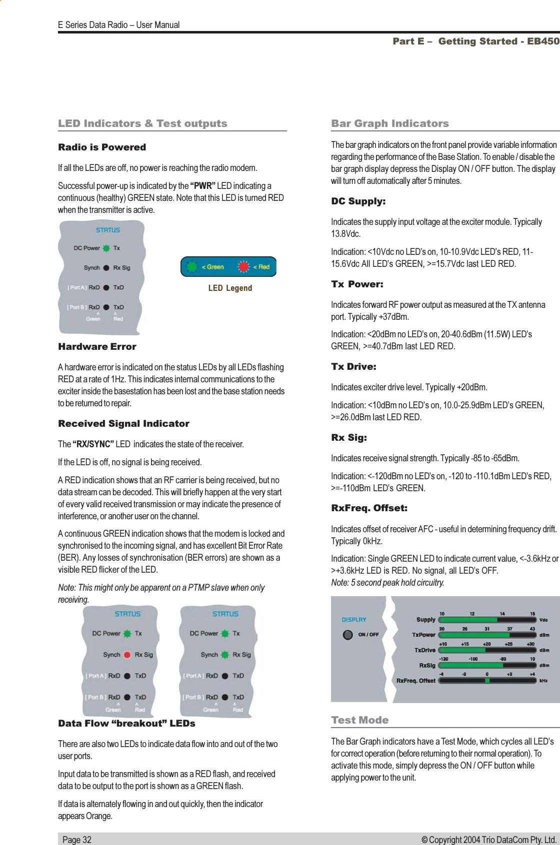   Page 32E Series Data Radio  User Manual© Copyright 2004 Trio DataCom Pty. Ltd.Bar Graph IndicatorsThe bar graph indicators on the front panel provide variable informationregarding the performance of the Base Station. To enable / disable thebar graph display depress the Display ON / OFF button. The displaywill turn off automatically after 5 minutes.DC Supply:Indicates the supply input voltage at the exciter module. Typically13.8Vdc.Indication: &lt;10Vdc no LEDs on, 10-10.9Vdc LEDs RED, 11-15.6Vdc All LEDs GREEN, &gt;=15.7Vdc last LED RED.Tx Power:Indicates forward RF power output as measured at the TX antennaport. Typically +37dBm.Indication: &lt;20dBm no LEDs on, 20-40.6dBm (11.5W) LEDsGREEN, &gt;=40.7dBm last LED RED.Tx Drive:Indicates exciter drive level. Typically +20dBm.Indication: &lt;10dBm no LEDs on, 10.0-25.9dBm LEDs GREEN,&gt;=26.0dBm last LED RED.Rx Sig:Indicates receive signal strength. Typically -85 to -65dBm.Indication: &lt;-120dBm no LEDs on, -120 to -110.1dBm LEDs RED,&gt;=-110dBm LEDs GREEN.RxFreq. Offset:Indicates offset of receiver AFC - useful in determining frequency drift.Typically 0kHz.Indication: Single GREEN LED to indicate current value, &lt;-3.6kHz or&gt;+3.6kHz LED is RED. No signal, all LEDs OFF.Note: 5 second peak hold circuitry.Part E   Getting Started - EB450Test ModeThe Bar Graph indicators have a Test Mode, which cycles all LEDsfor correct operation (before returning to their normal operation). Toactivate this mode, simply depress the ON / OFF button whileapplying power to the unit.Hardware ErrorA hardware error is indicated on the status LEDs by all LEDs flashingRED at a rate of 1Hz. This indicates internal communications to theexciter inside the basestation has been lost and the base station needsto be returned to repair.Received Signal IndicatorThe RX/SYNC LED  indicates the state of the receiver.If the LED is off, no signal is being received.A RED indication shows that an RF carrier is being received, but nodata stream can be decoded. This will briefly happen at the very startof every valid received transmission or may indicate the presence ofinterference, or another user on the channel.A continuous GREEN indication shows that the modem is locked andsynchronised to the incoming signal, and has excellent Bit Error Rate(BER). Any losses of synchronisation (BER errors) are shown as avisible RED flicker of the LED.Note: This might only be apparent on a PTMP slave when onlyreceiving.Data Flow breakout LEDsThere are also two LEDs to indicate data flow into and out of the twouser ports.Input data to be transmitted is shown as a RED flash, and receiveddata to be output to the port is shown as a GREEN flash.If data is alternately flowing in and out quickly, then the indicatorappears Orange.LED Indicators &amp; Test outputsRadio is PoweredIf all the LEDs are off, no power is reaching the radio modem.Successful power-up is indicated by the PWR LED indicating acontinuous (healthy) GREEN state. Note that this LED is turned REDwhen the transmitter is active.LED Legend