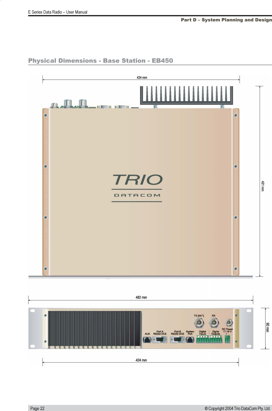  Page 22E Series Data Radio  User Manual© Copyright 2004 Trio DataCom Pty. Ltd.Physical Dimensions - Base Station - EB450Part D  System Planning and Design