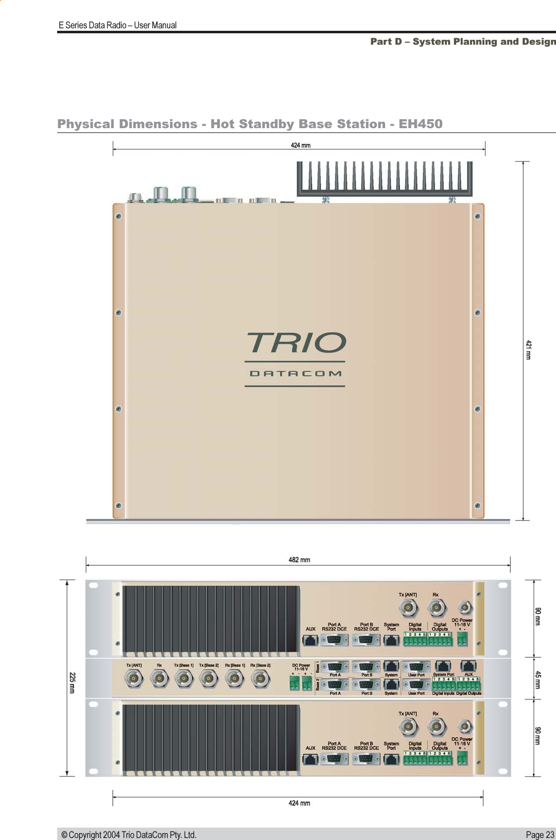 Page 23E Series Data Radio  User Manual © Copyright 2004 Trio DataCom Pty. Ltd.Physical Dimensions - Hot Standby Base Station - EH450Part D  System Planning and Design