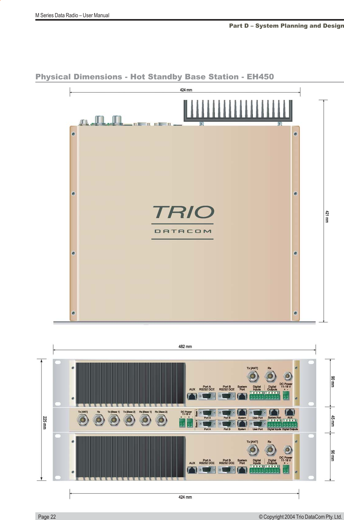   Page 22M Series Data Radio &ndash; User Manual&copy; Copyright 2004 Trio DataCom Pty. Ltd.Physical Dimensions - Hot Standby Base Station - EH450Part D &ndash; System Planning and Design
