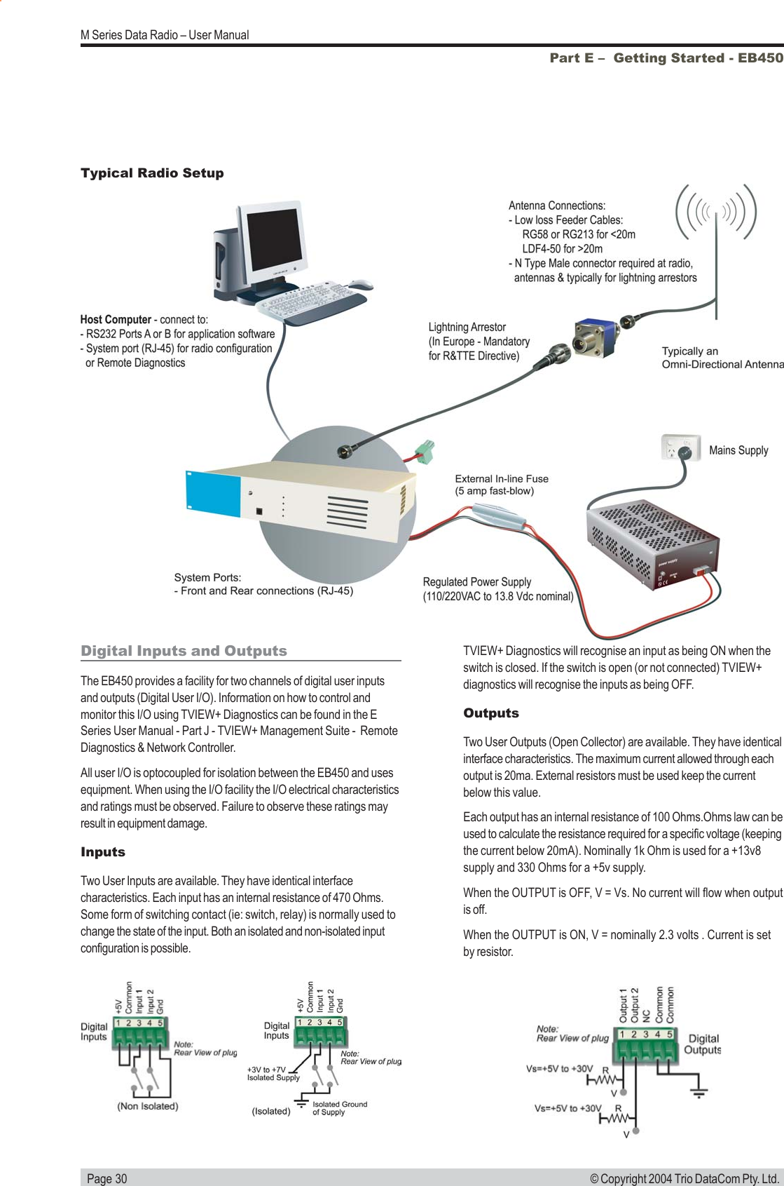   Page 30M Series Data Radio &ndash; User Manual&copy; Copyright 2004 Trio DataCom Pty. Ltd.Part E &ndash;  Getting Started - EB450Digital Inputs and OutputsThe EB450 provides a facility for two channels of digital user inputsand outputs (Digital User I/O). Information on how to control andmonitor this I/O using TVIEW+ Diagnostics can be found in the ESeries User Manual - Part J - TVIEW+ Management Suite -  RemoteDiagnostics &amp; Network Controller.All user I/O is optocoupled for isolation between the EB450 and usesequipment. When using the I/O facility the I/O electrical characteristicsand ratings must be observed. Failure to observe these ratings mayresult in equipment damage.InputsTwo User Inputs are available. They have identical interfacecharacteristics. Each input has an internal resistance of 470 Ohms.Some form of switching contact (ie: switch, relay) is normally used tochange the state of the input. Both an isolated and non-isolated inputconfiguration is possible.Typical Radio SetupIsTVIEW+ Diagnostics will recognise an input as being ON when theswitch is closed. If the switch is open (or not connected) TVIEW+diagnostics will recognise the inputs as being OFF.OutputsTwo User Outputs (Open Collector) are available. They have identicalinterface characteristics. The maximum current allowed through eachoutput is 20ma. External resistors must be used keep the currentbelow this value.Each output has an internal resistance of 100 Ohms.Ohms law can beused to calculate the resistance required for a specific voltage (keepingthe current below 20mA). Nominally 1k Ohm is used for a +13v8supply and 330 Ohms for a +5v supply.When the OUTPUT is OFF, V = Vs. No current will flow when outputis off.When the OUTPUT is ON, V = nominally 2.3 volts . Current is setby resistor.